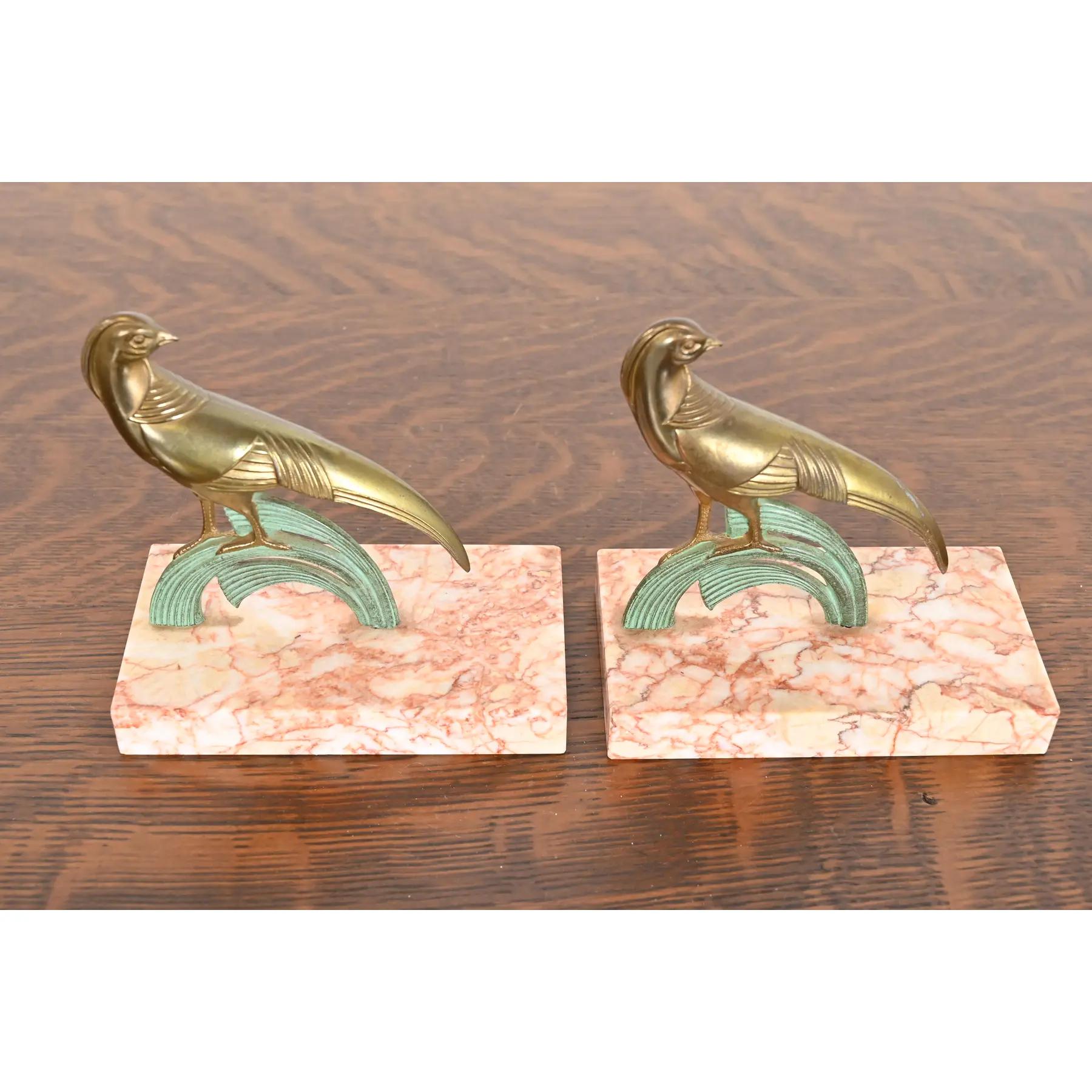 American Art Deco Bronze and Marble Pheasant Bookends, Pair For Sale