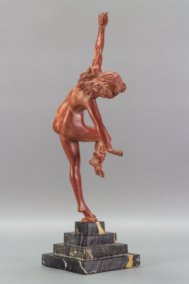 Art Deco Bronze and Marble Sculpture Nude Lady with Snake, The Snake Dancer For Sale 4