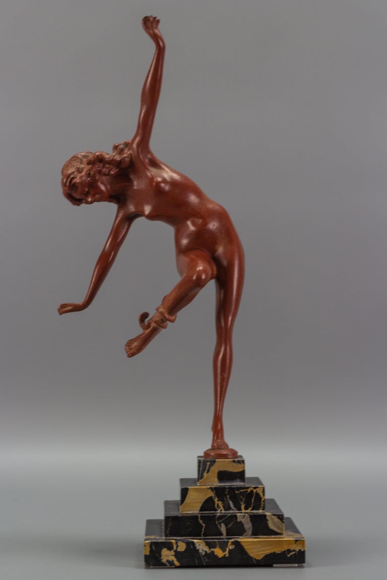 Art Deco Bronze and Marble Sculpture Nude Lady with Snake, The Snake Dancer For Sale 10