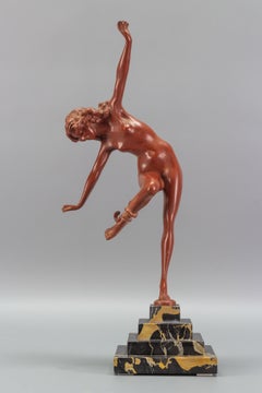 Art Deco Bronze and Marble Sculpture Nude Lady with Snake, The Snake Dancer