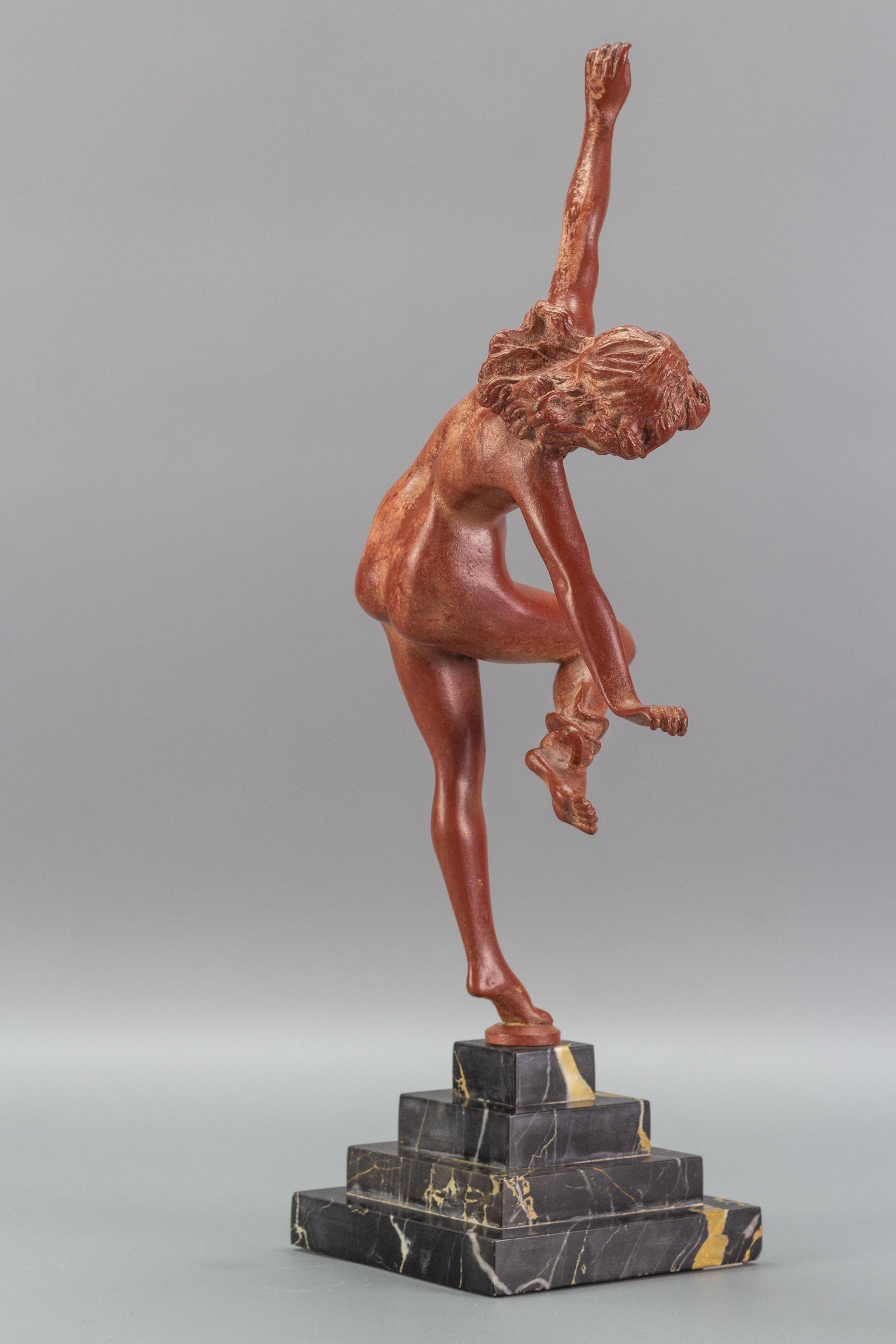 French Art Deco Bronze and Marble Sculpture Nude Lady with Snake, The Snake Dancer