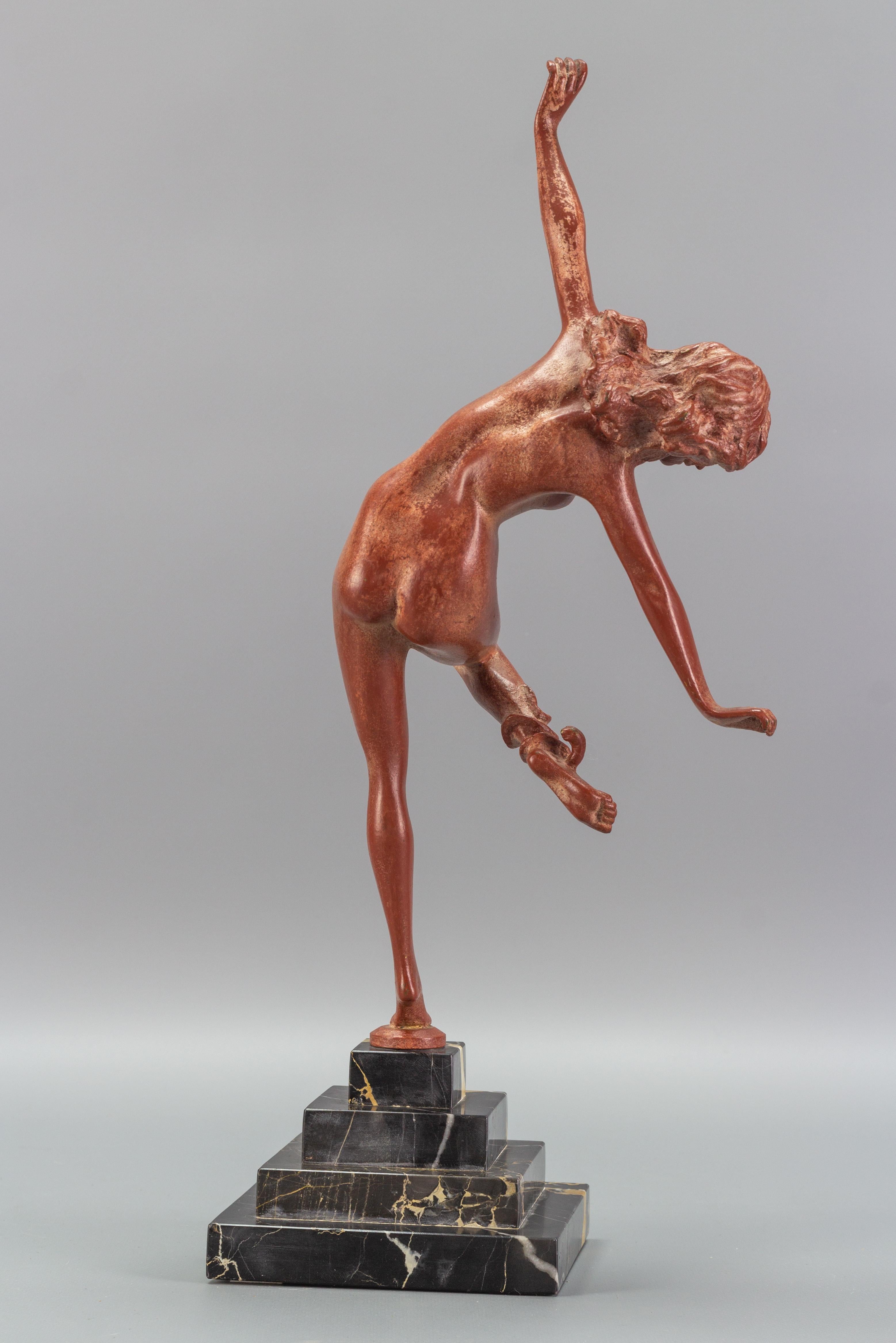 Patinated Art Deco Bronze and Marble Sculpture Nude Lady with Snake, The Snake Dancer