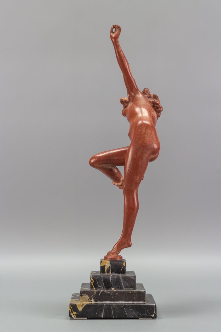 Early 20th Century Art Deco Bronze and Marble Sculpture Nude Lady with Snake, The Snake Dancer For Sale