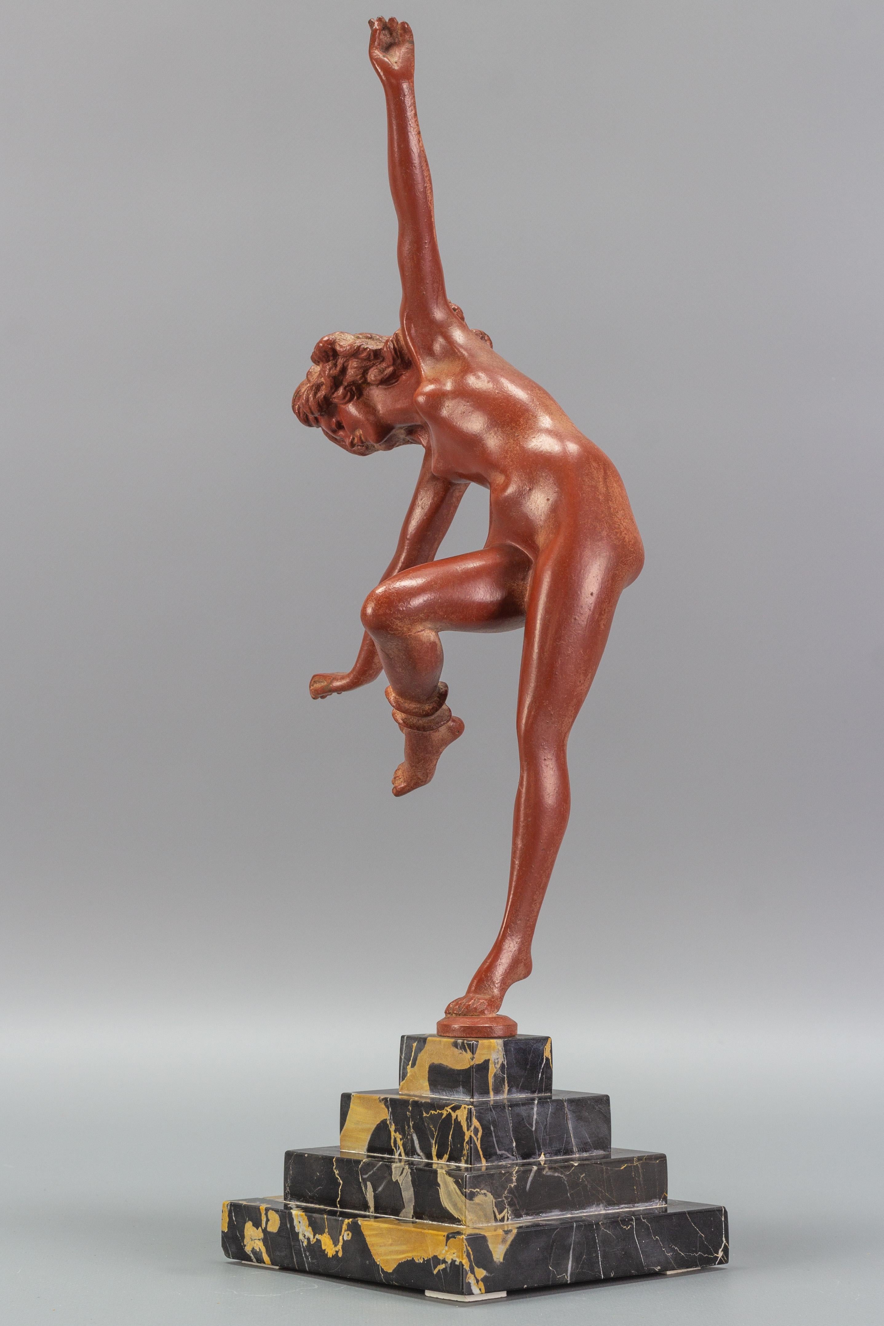 Art Deco Bronze and Marble Sculpture Nude Lady with Snake, The Snake Dancer 1