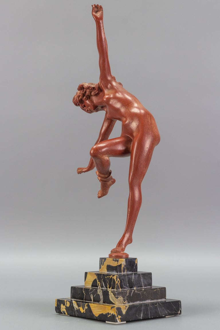 Art Deco Bronze and Marble Sculpture Nude Lady with Snake, The Snake Dancer For Sale 1