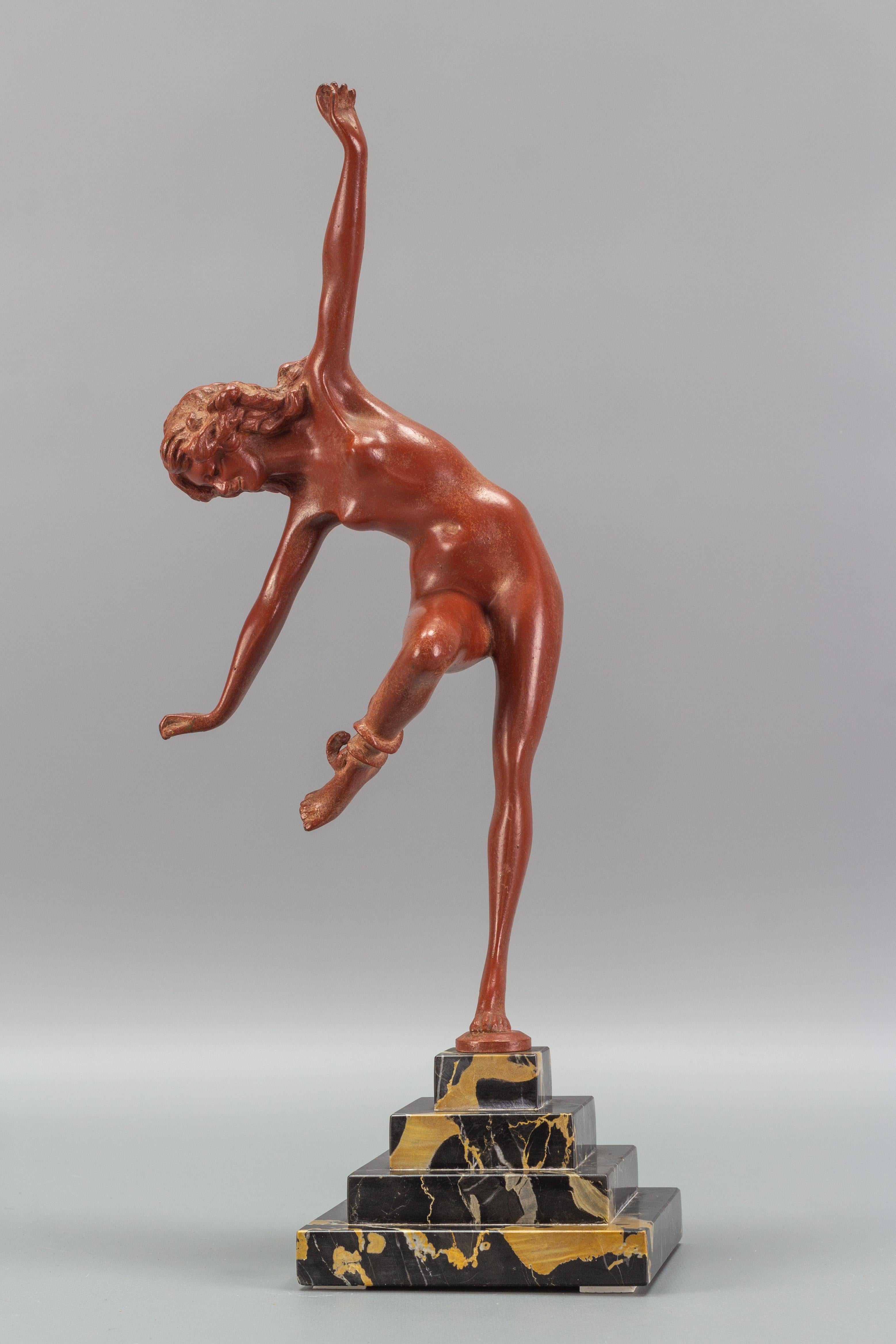 Art Deco Bronze and Marble Sculpture Nude Lady with Snake, The Snake Dancer 2