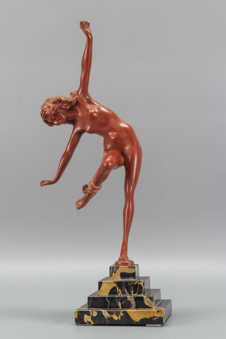 Art Deco Bronze and Marble Sculpture Nude Lady with Snake, The Snake Dancer For Sale 2