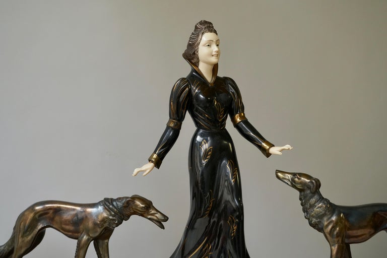 Art Deco Bronze and Marble Sculpture of a Woman with Greyhounds Signed S Melani 4