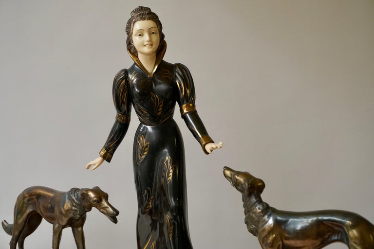 Art Deco Bronze and Marble Sculpture of a Woman with Greyhounds Signed S Melani 5