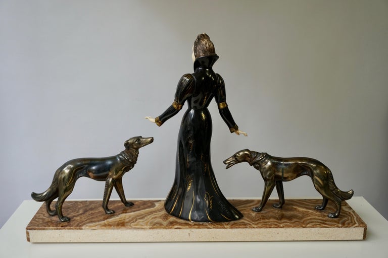 Art Deco Bronze and Marble Sculpture of a Woman with Greyhounds Signed S Melani 7