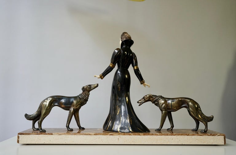 Art Deco Bronze and Marble Sculpture of a Woman with Greyhounds Signed S Melani 9
