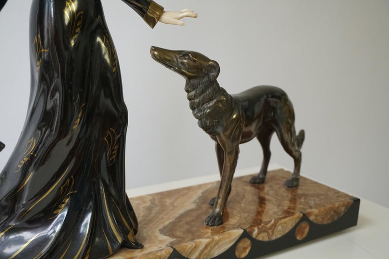 Art Deco Bronze and Marble Sculpture of a Woman with Greyhounds Signed S Melani 13