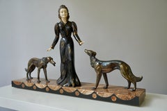 Art Deco Bronze and Marble Sculpture of a Woman with Greyhounds Signed S Melani
