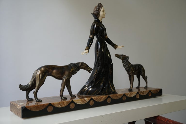 Italian Art Deco Bronze and Marble Sculpture of a Woman with Greyhounds Signed S Melani