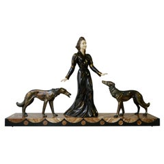 Art Deco Bronze and Marble Sculpture of a Woman with Greyhounds Signed S Melani