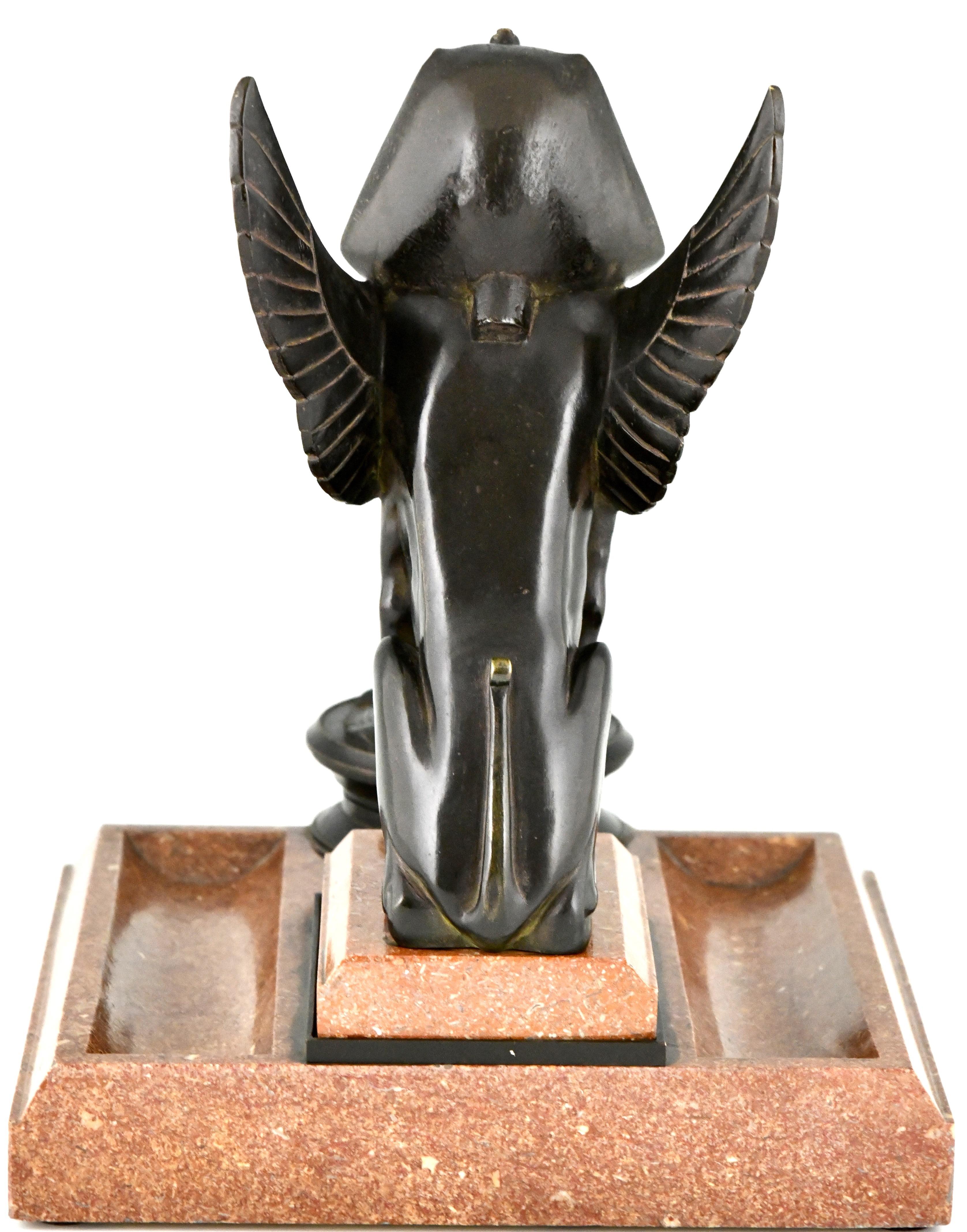 Art Deco Bronze and Marble Sphynx Inkwell Egyptian Revival, France, 1920 4