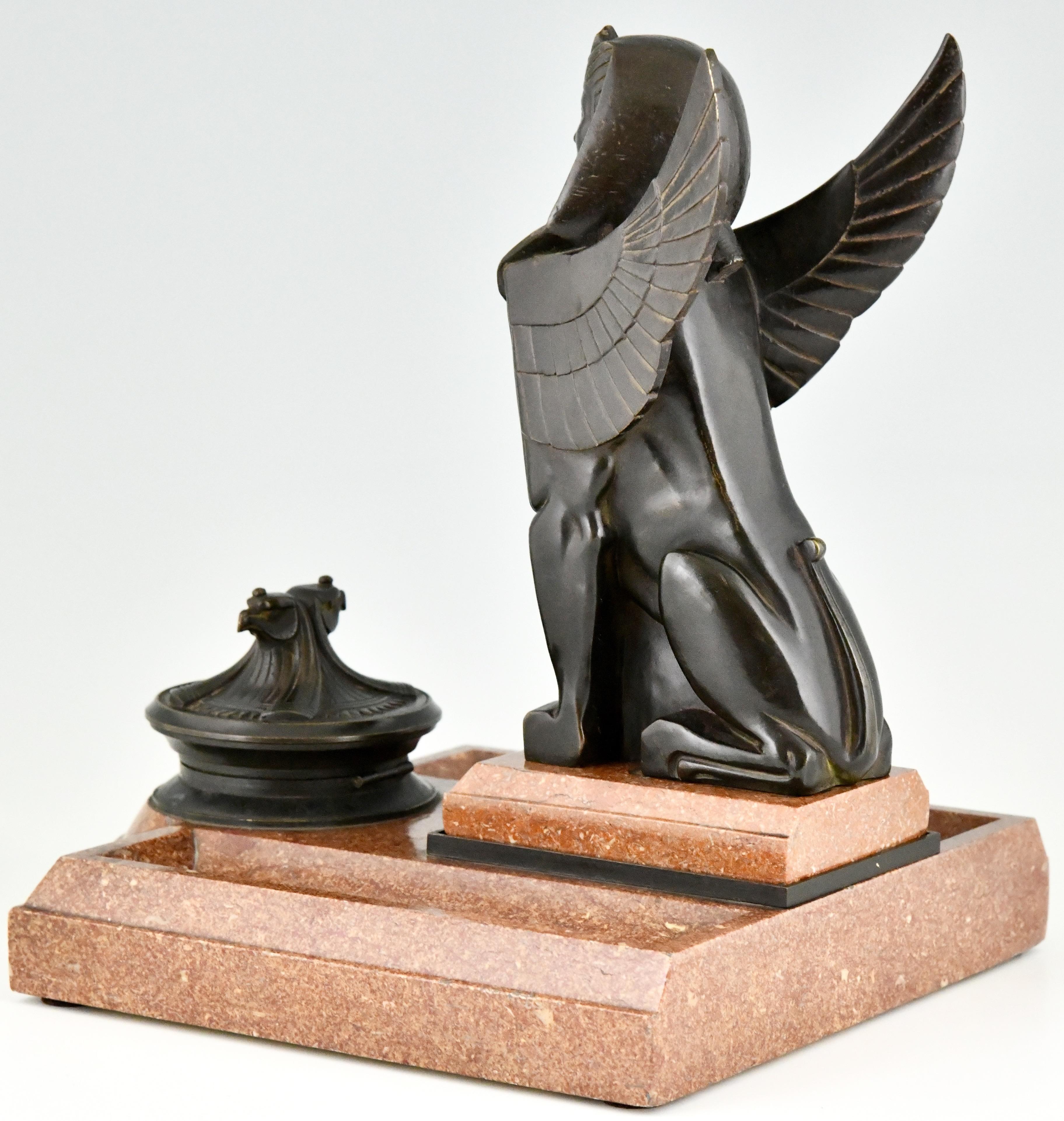 Art Deco Bronze and Marble Sphynx Inkwell Egyptian Revival, France, 1920 5