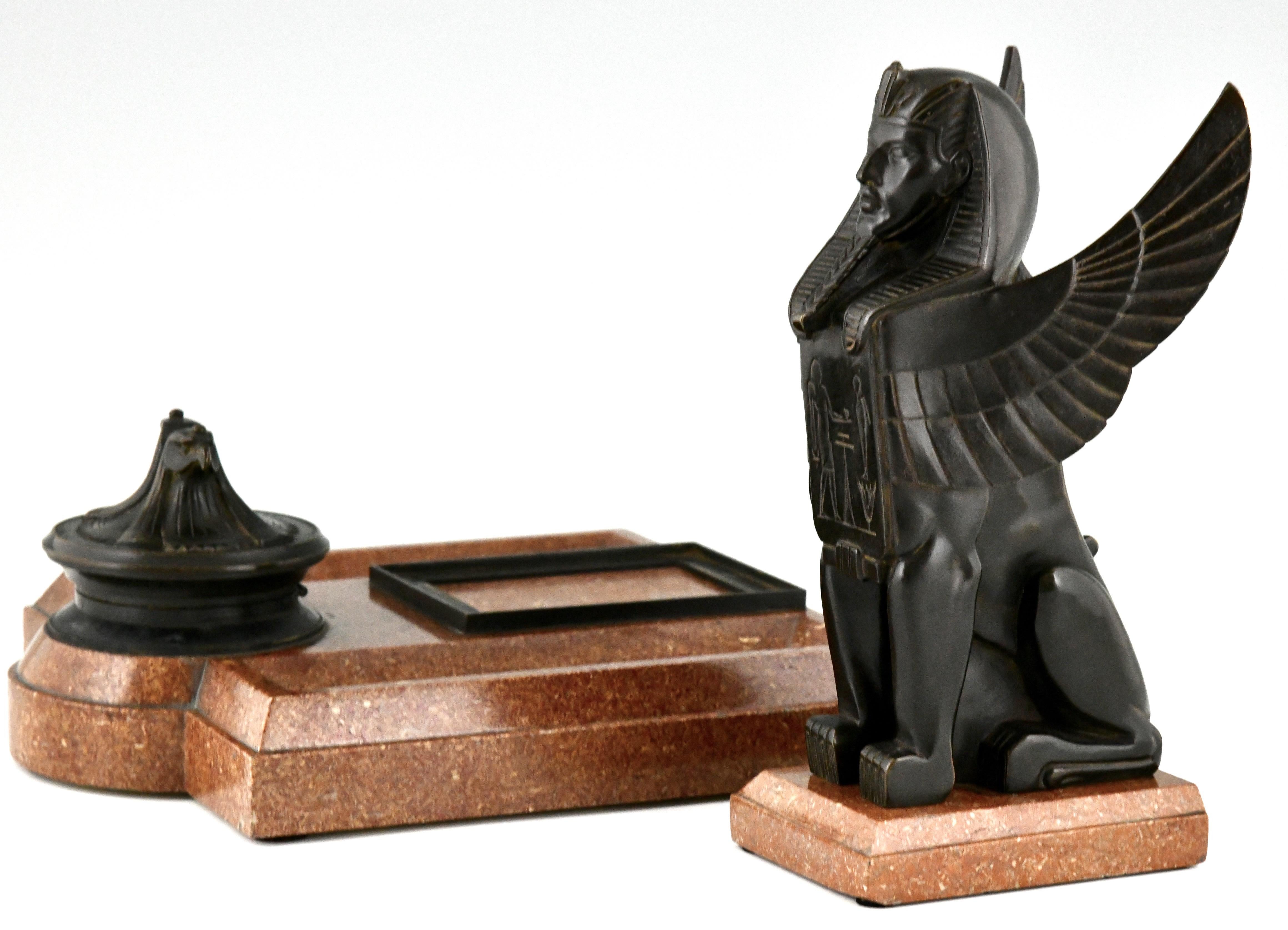Art Deco Bronze and Marble Sphynx Inkwell Egyptian Revival, France, 1920 6