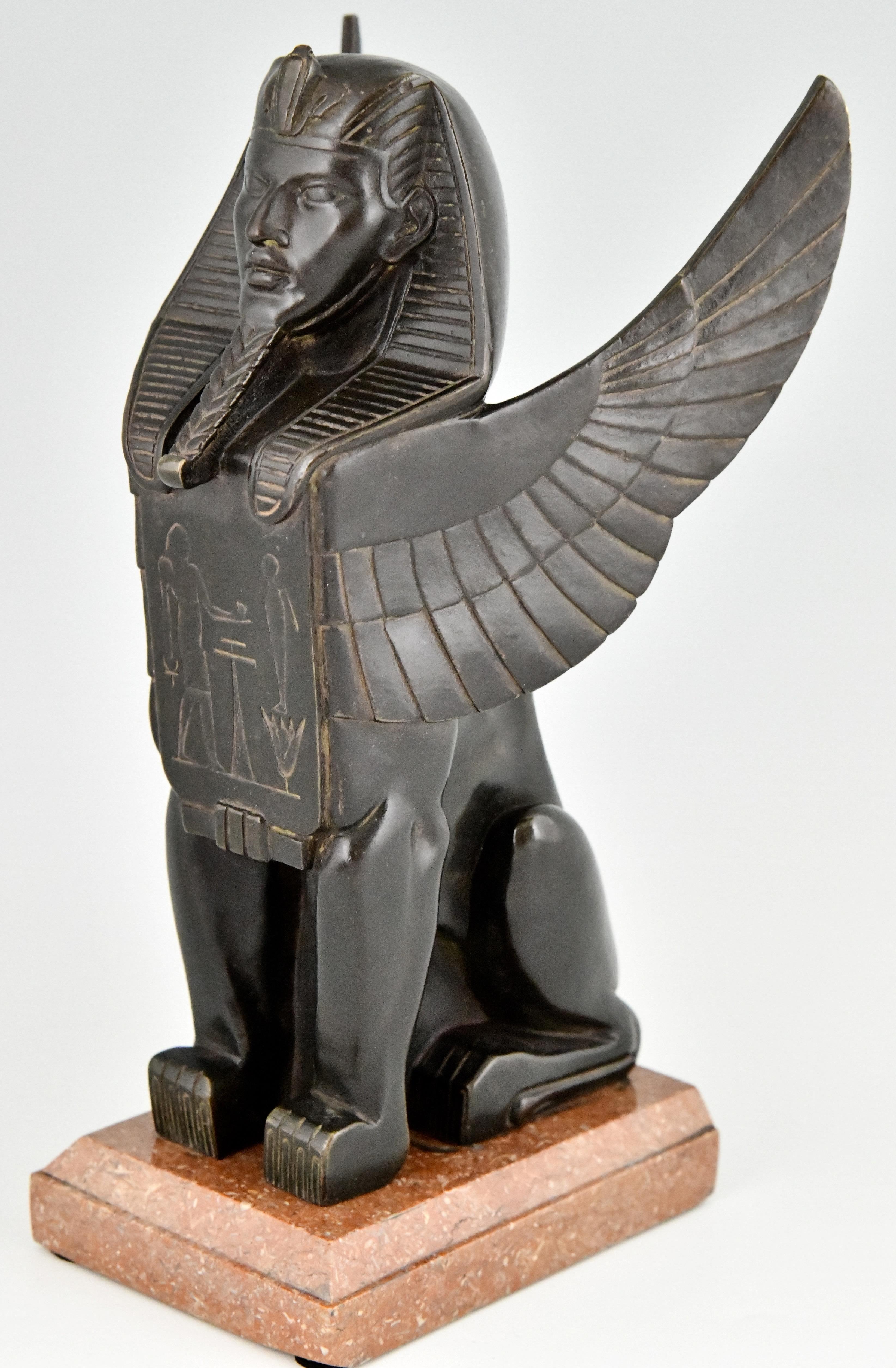 Art Deco Bronze and Marble Sphynx Inkwell Egyptian Revival, France, 1920 7