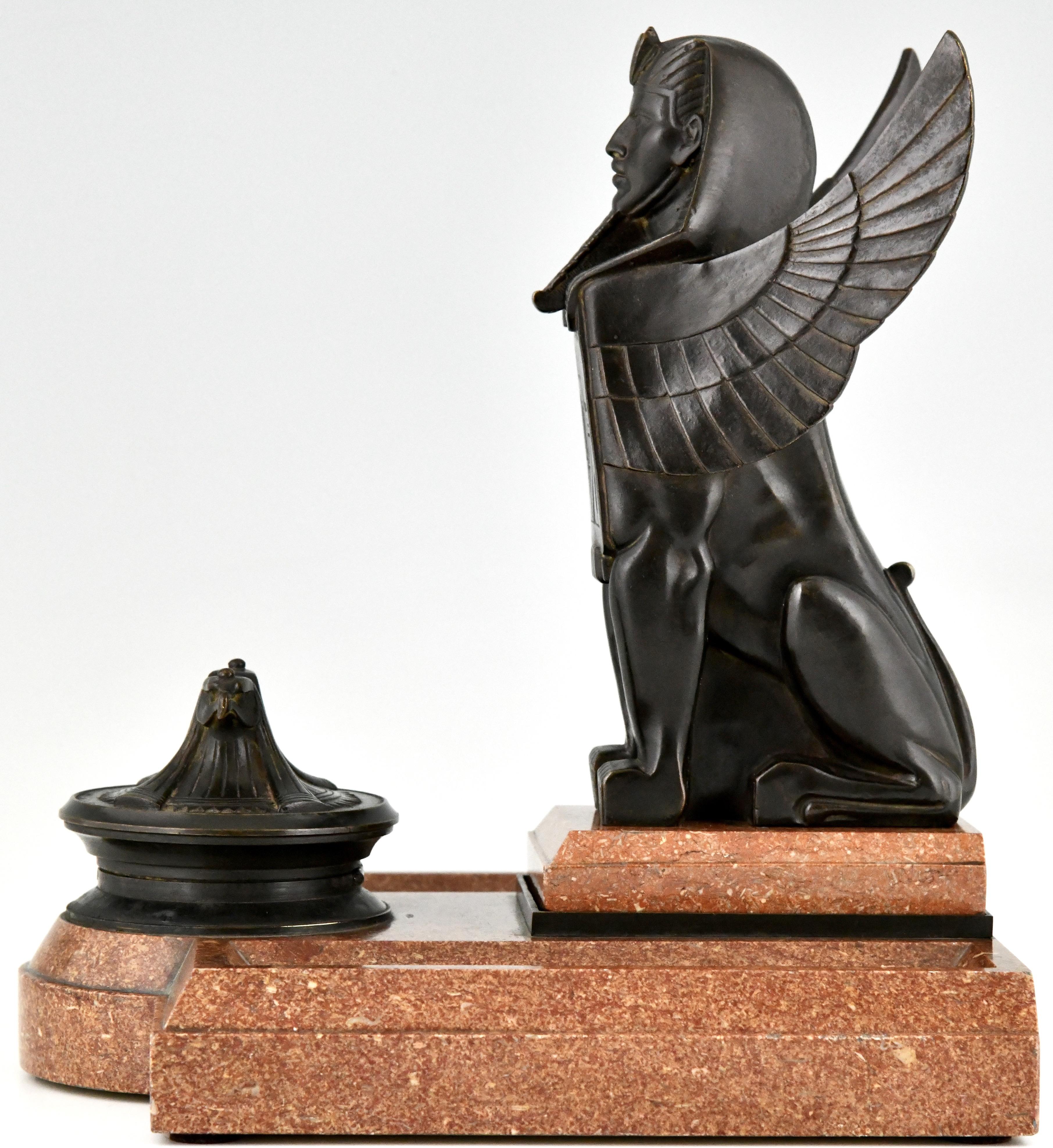 Very rare Art Deco bronze and marble Sphynx & eagle inkwell, Egyptian revival, France, 1920.