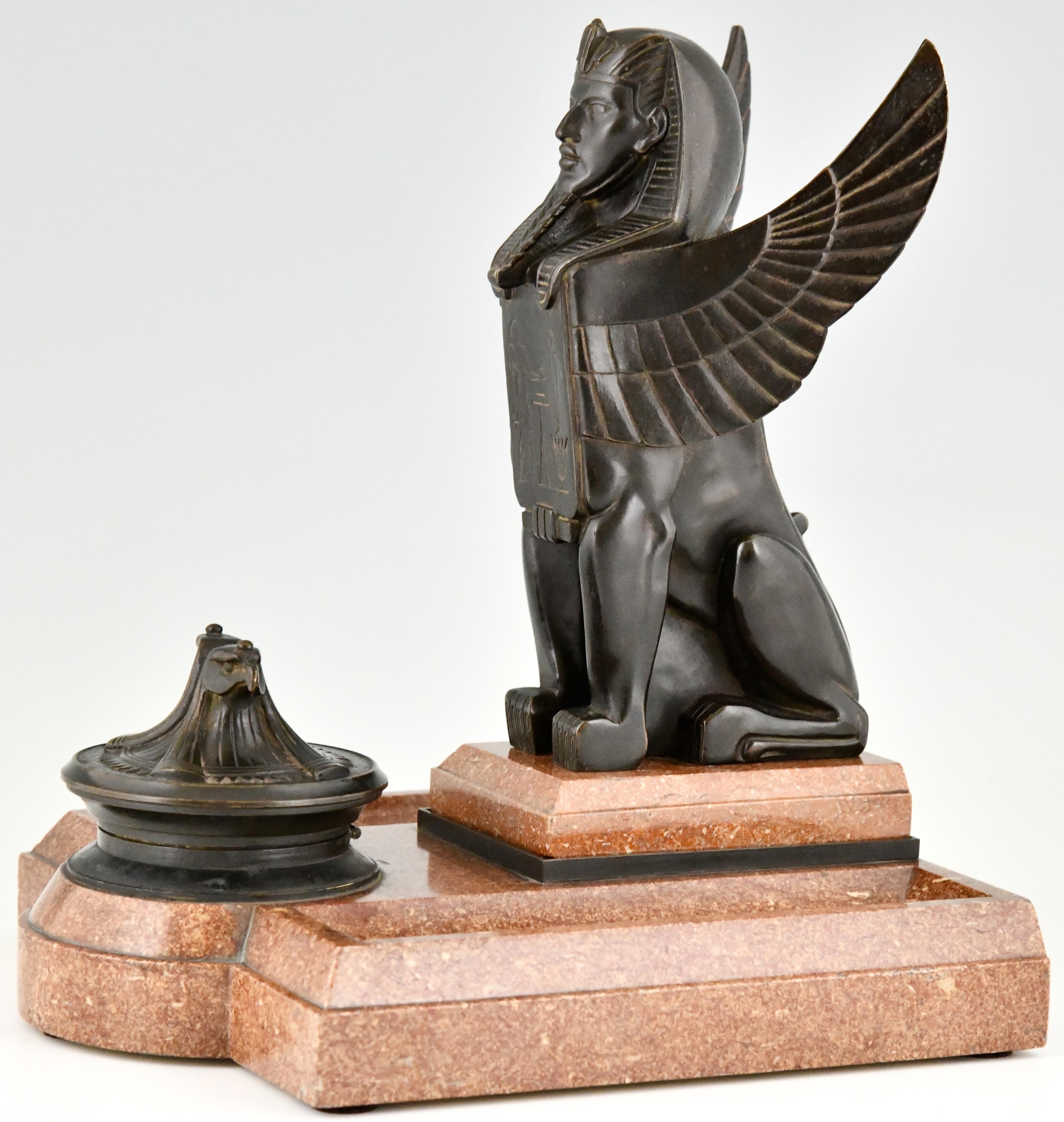 French Art Deco Bronze and Marble Sphynx Inkwell Egyptian Revival, France, 1920
