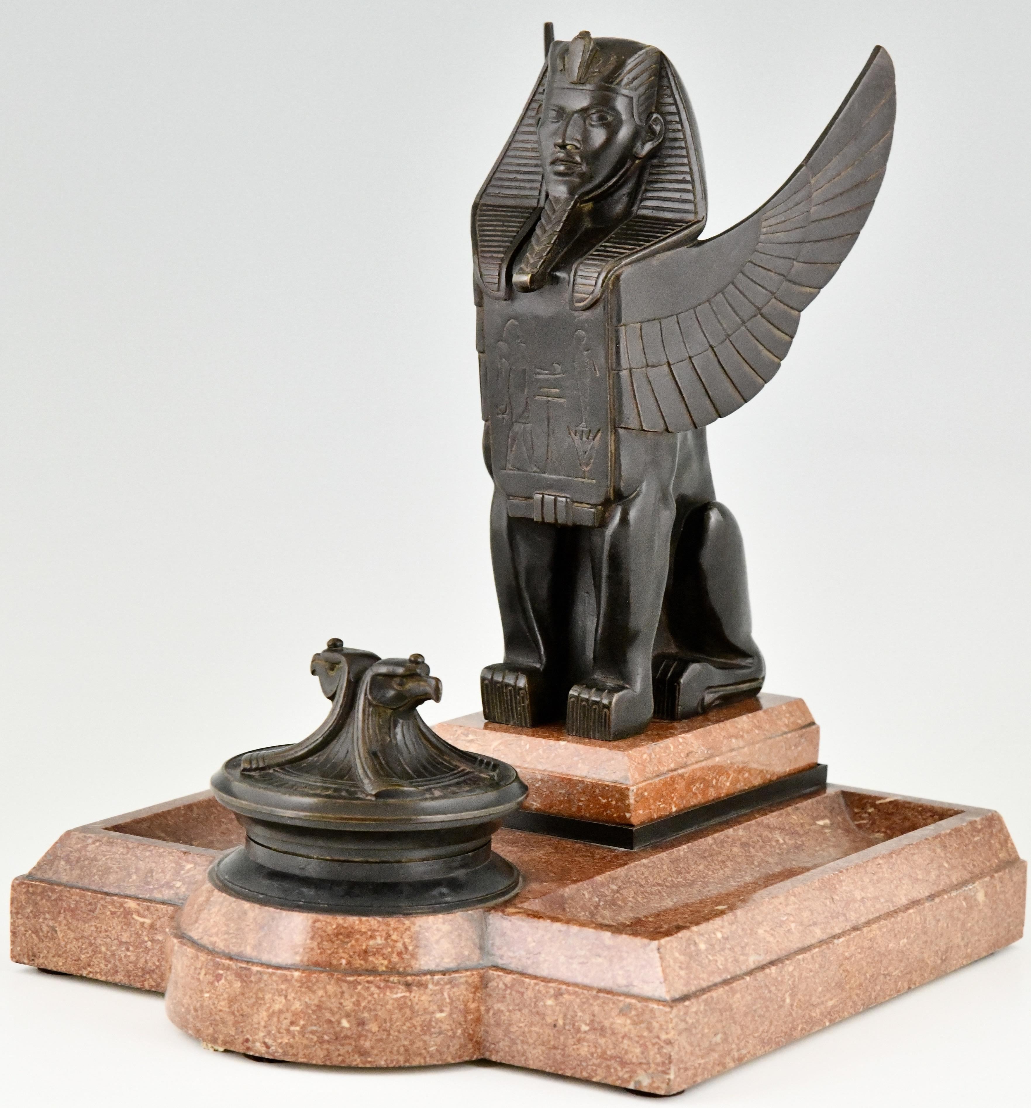 Patinated Art Deco Bronze and Marble Sphynx Inkwell Egyptian Revival, France, 1920