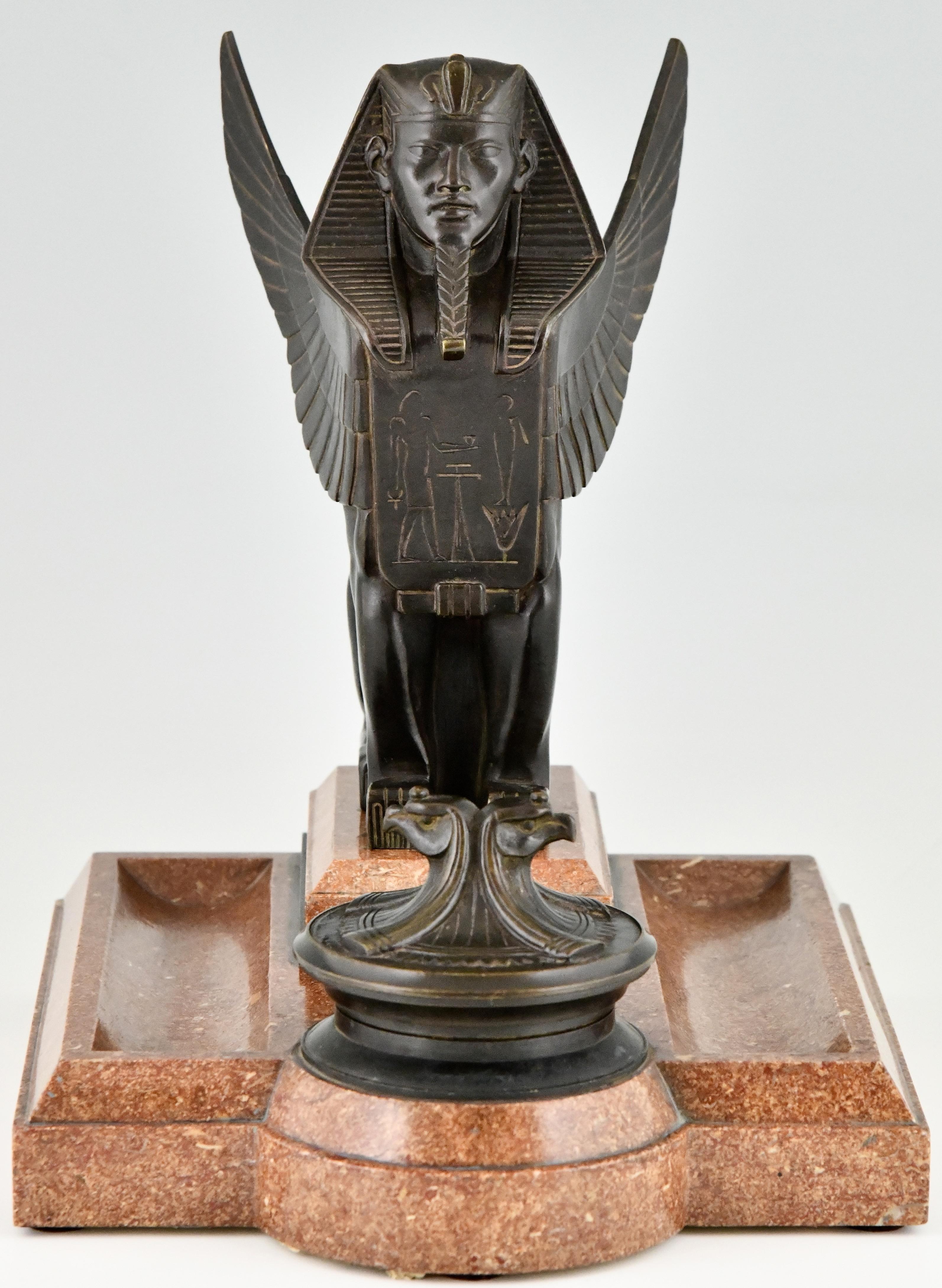 Art Deco Bronze and Marble Sphynx Inkwell Egyptian Revival, France, 1920 In Good Condition In Antwerp, BE