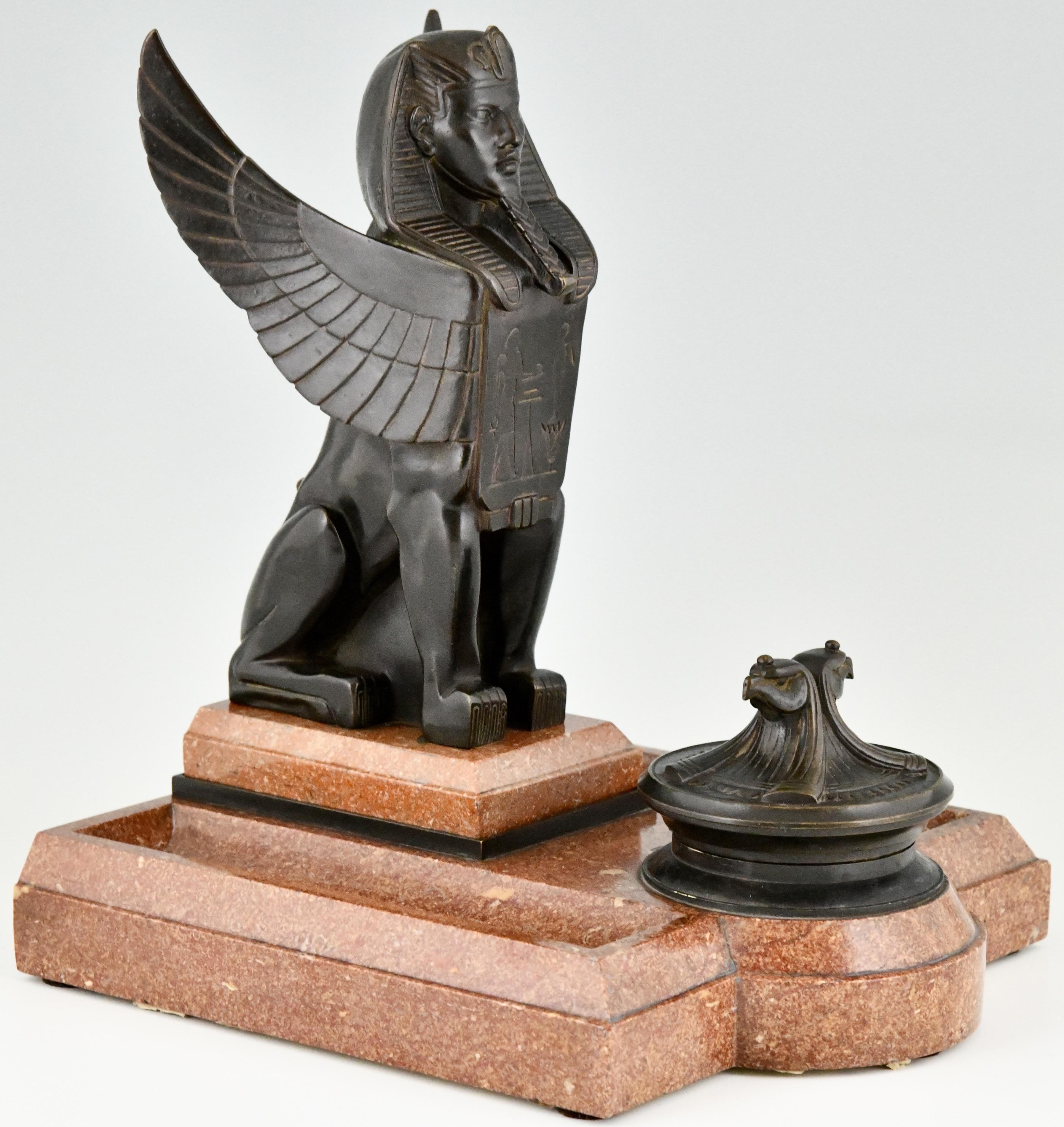 Art Deco Bronze and Marble Sphynx Inkwell Egyptian Revival, France, 1920 1
