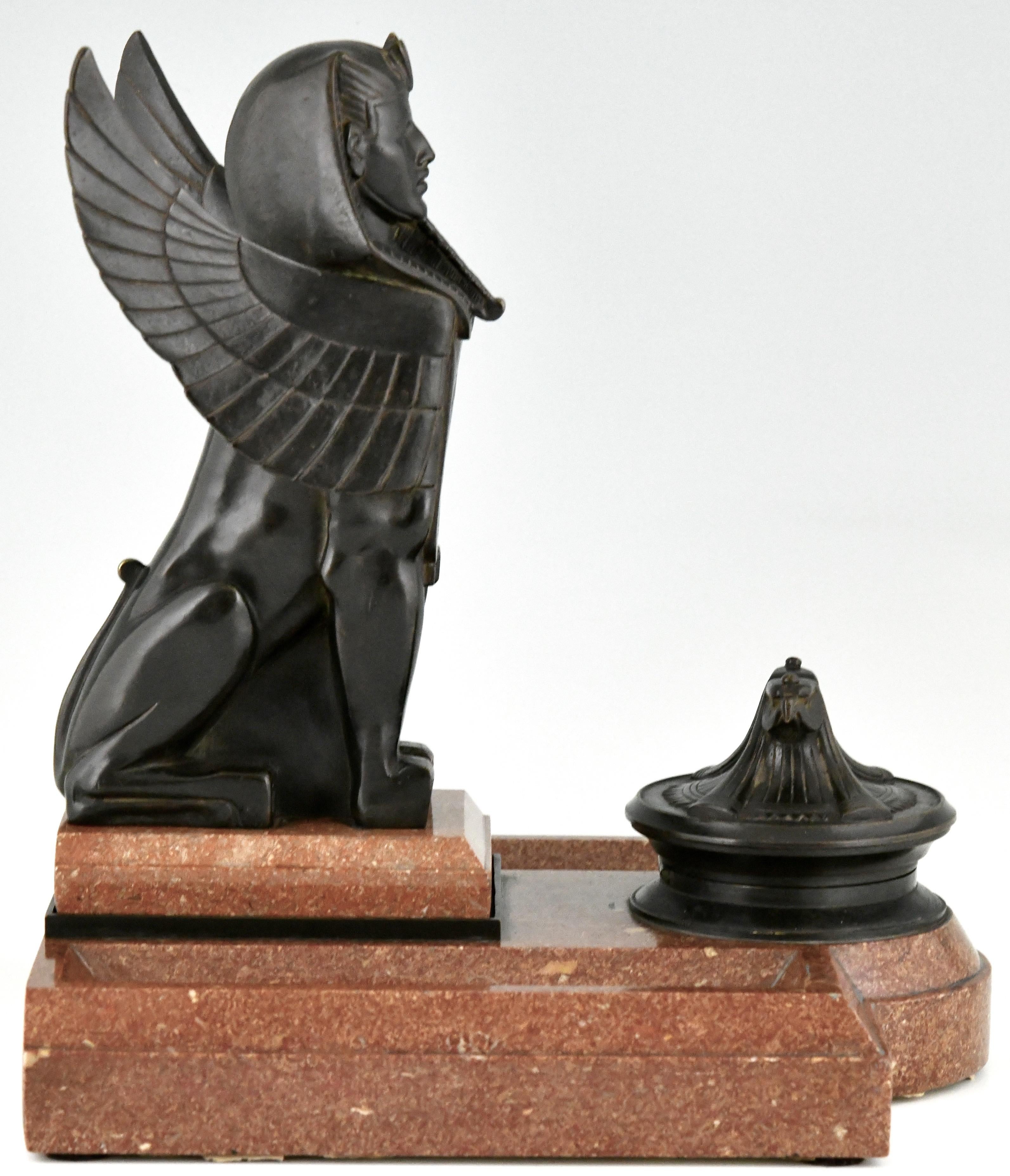 Art Deco Bronze and Marble Sphynx Inkwell Egyptian Revival, France, 1920 2