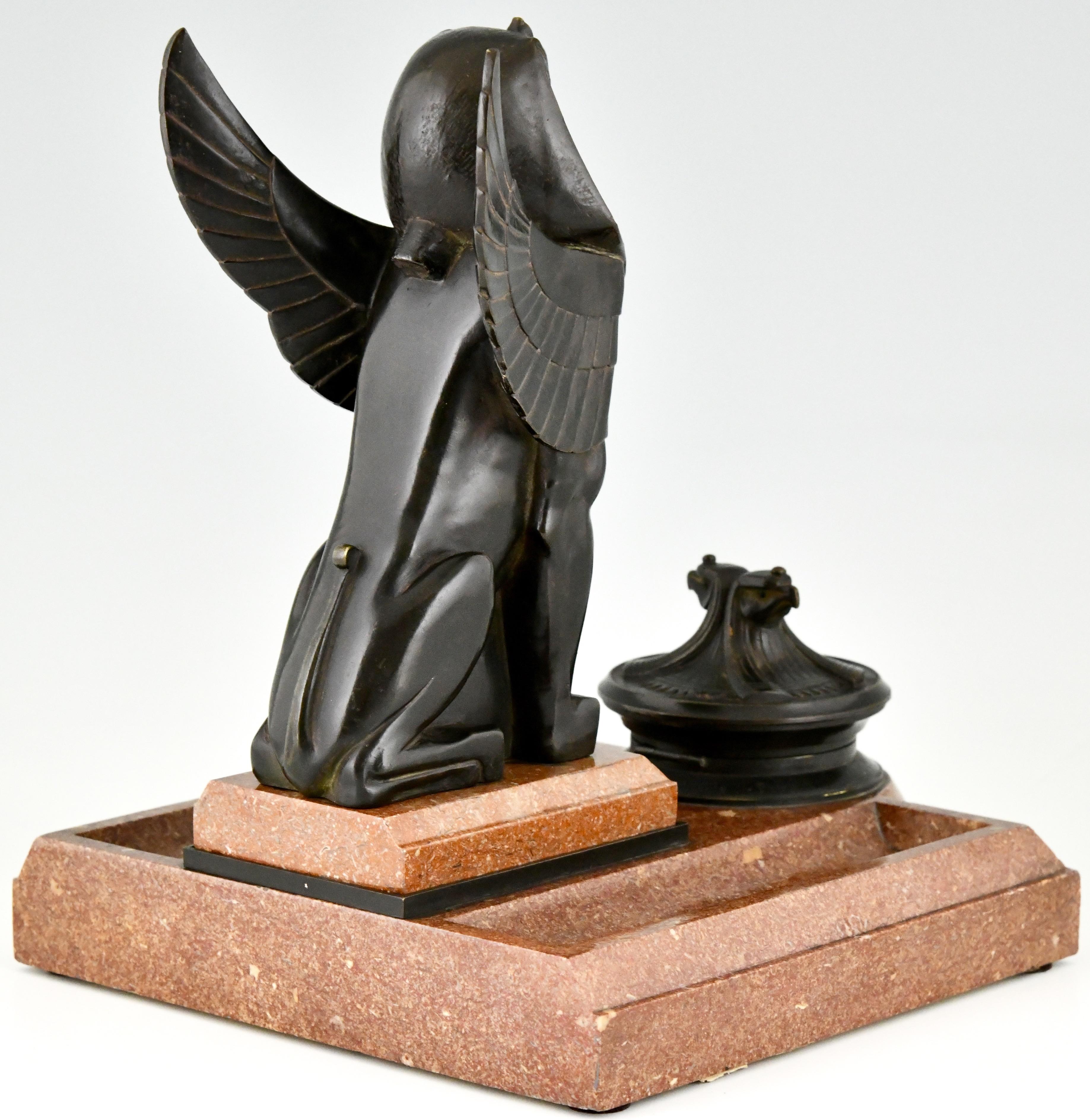 Art Deco Bronze and Marble Sphynx Inkwell Egyptian Revival, France, 1920 3