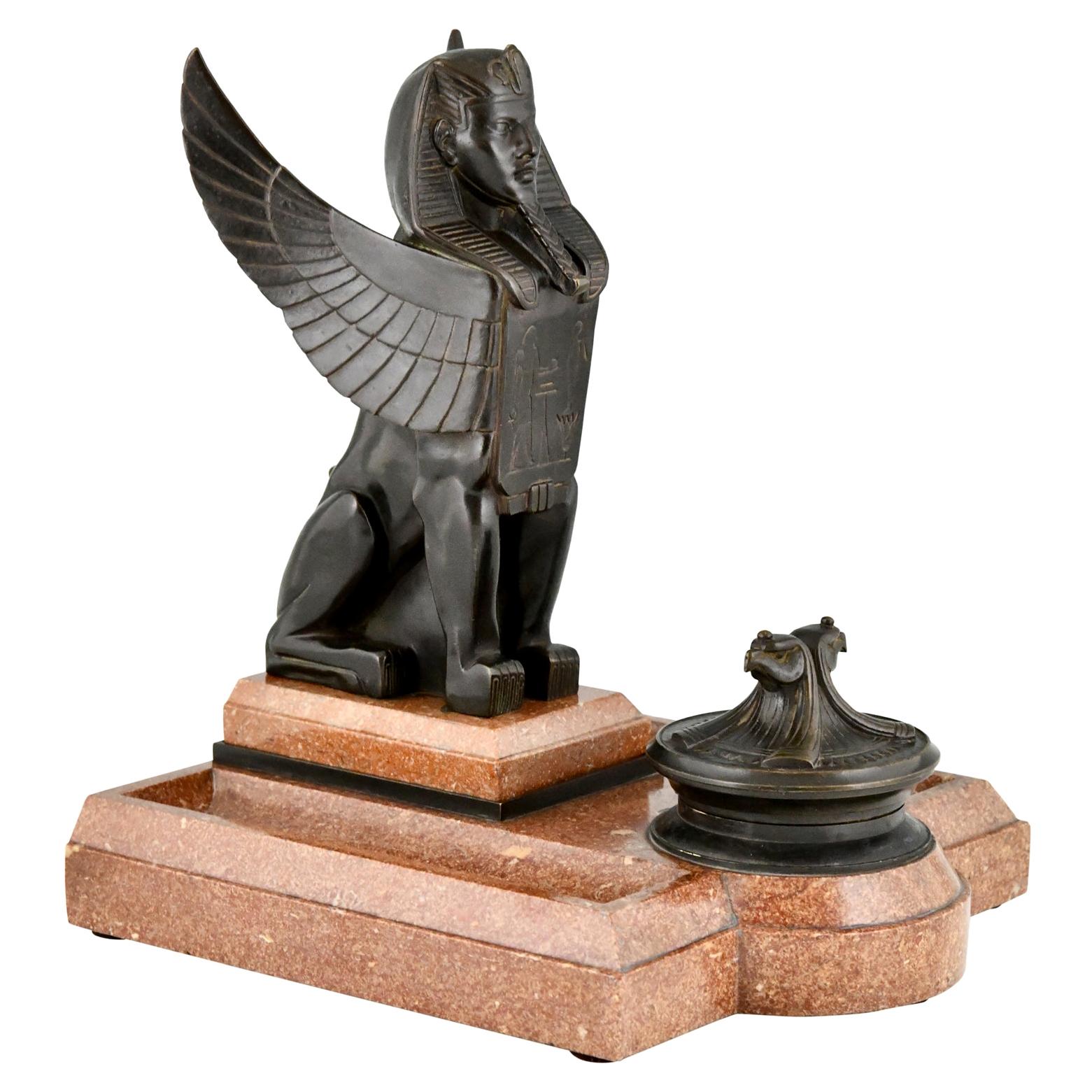Art Deco Bronze and Marble Sphynx Inkwell Egyptian Revival, France, 1920
