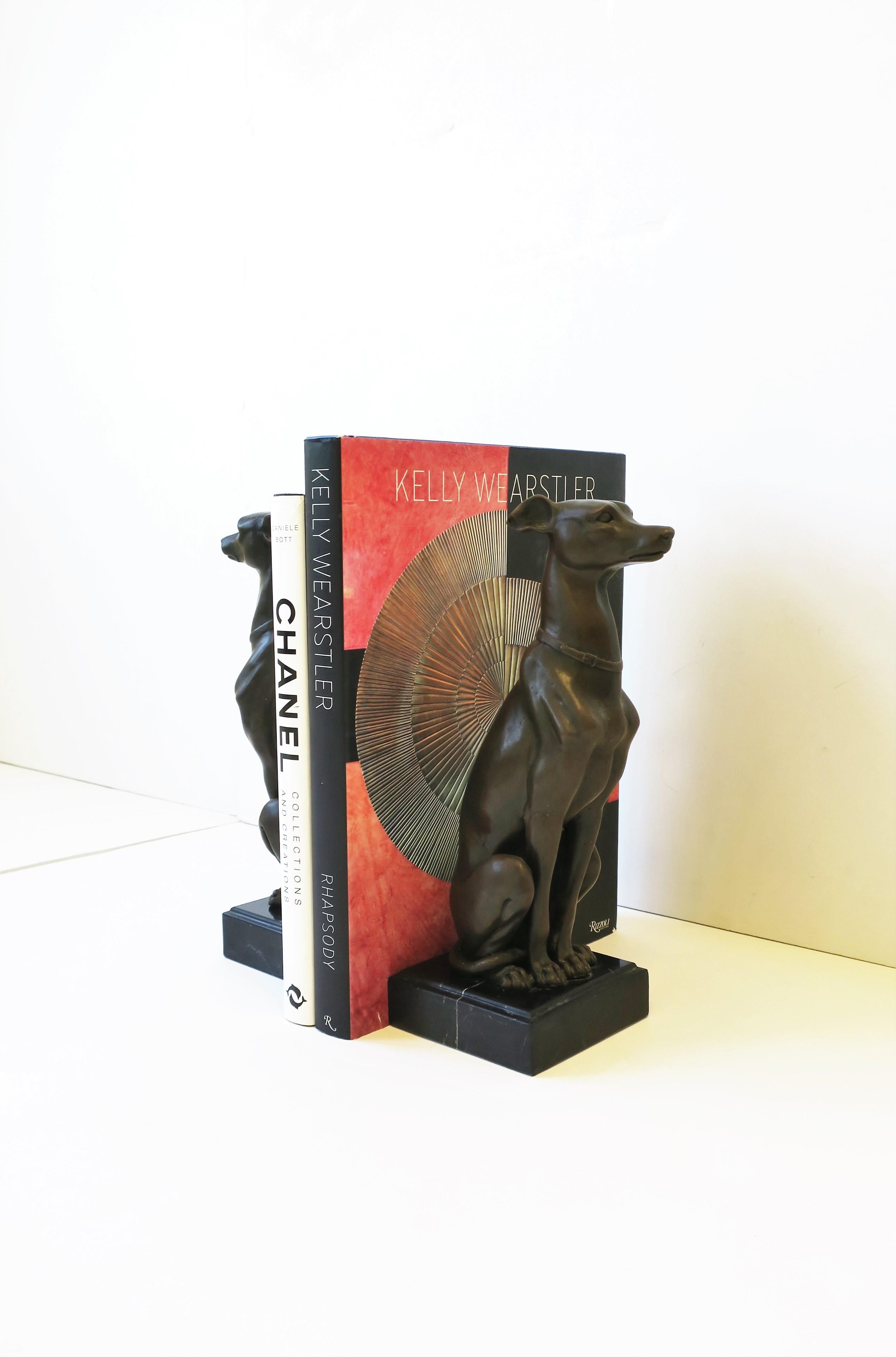 French Art Deco Bronze and Marble Whippet or Greyhound Dog Sculpture Bookends