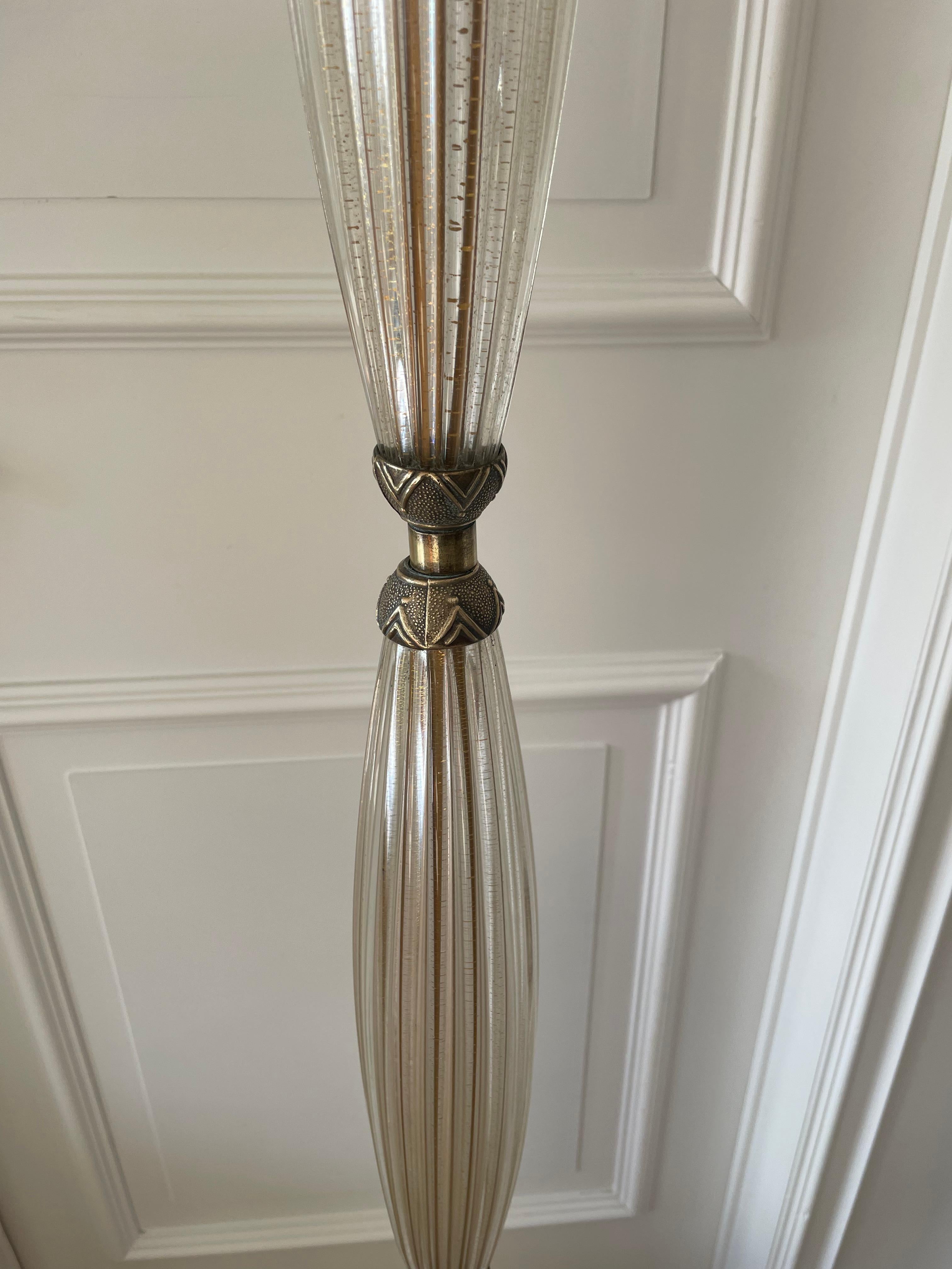 Italian Art Deco Bronze and Murano Glass Floor Lamp Attributed to Barovier, Italy 1925. For Sale