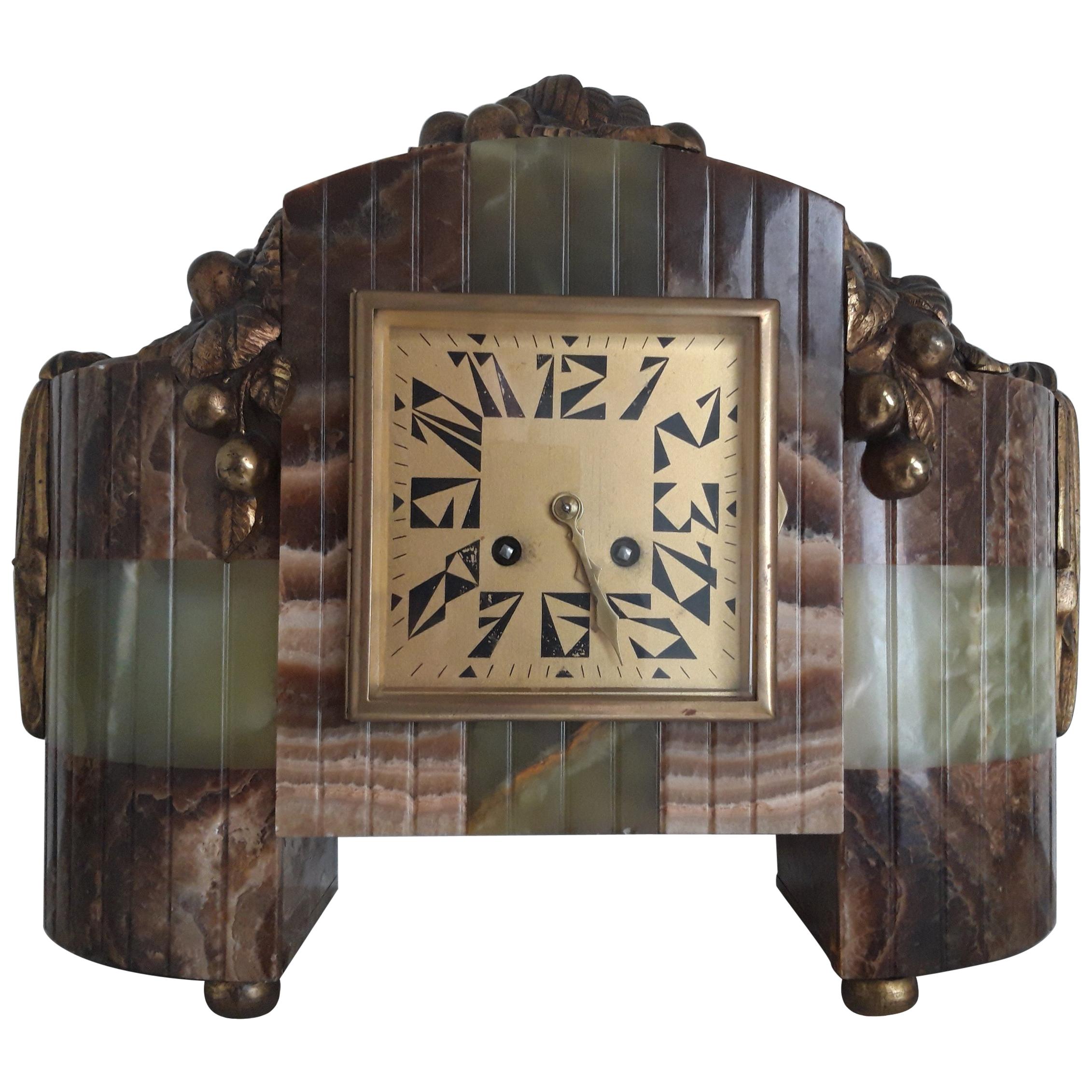 Art Deco Bronze and Onyx Clock For Sale