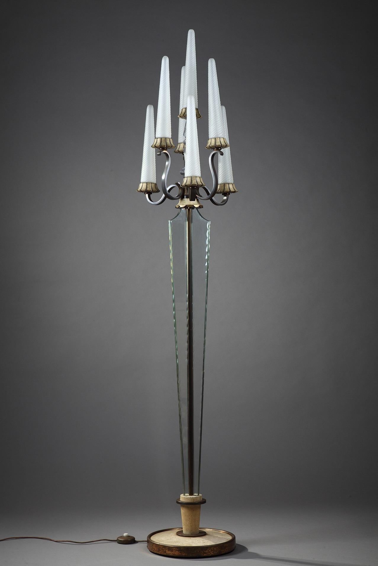 Exquisite lacquered bronze lampstand with seven twisted glass lights, resting on a high stem in Sevres crystal. Marked crystal GARANTI SEVRES FRANCE. Very good vintage condition,
circa 1940
Dimensions: W 15.7 in - D 15.7 in - H 76.8