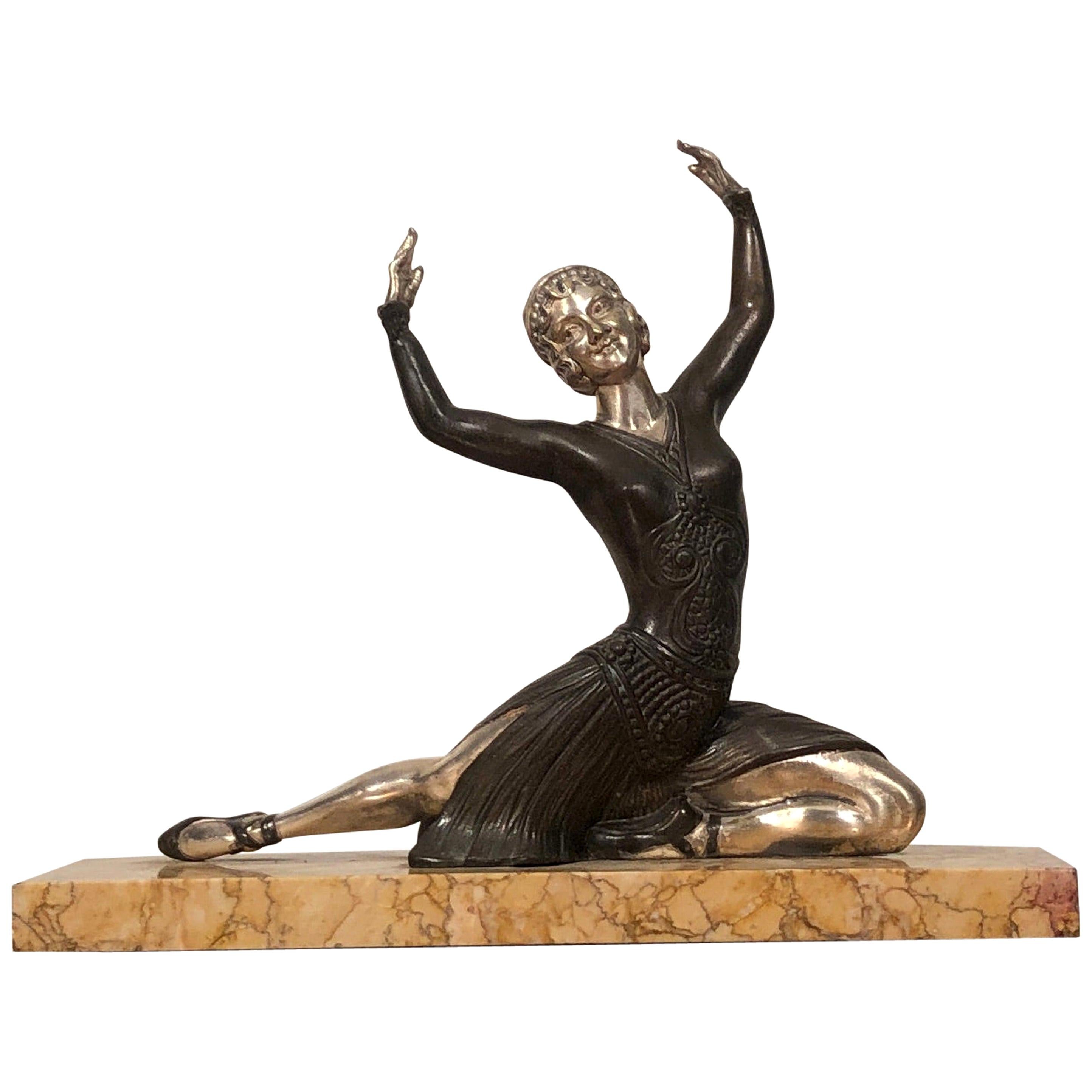 Art Deco Bronze and Silver Dancer Sculpture Signed H. Molins, France, 1930s