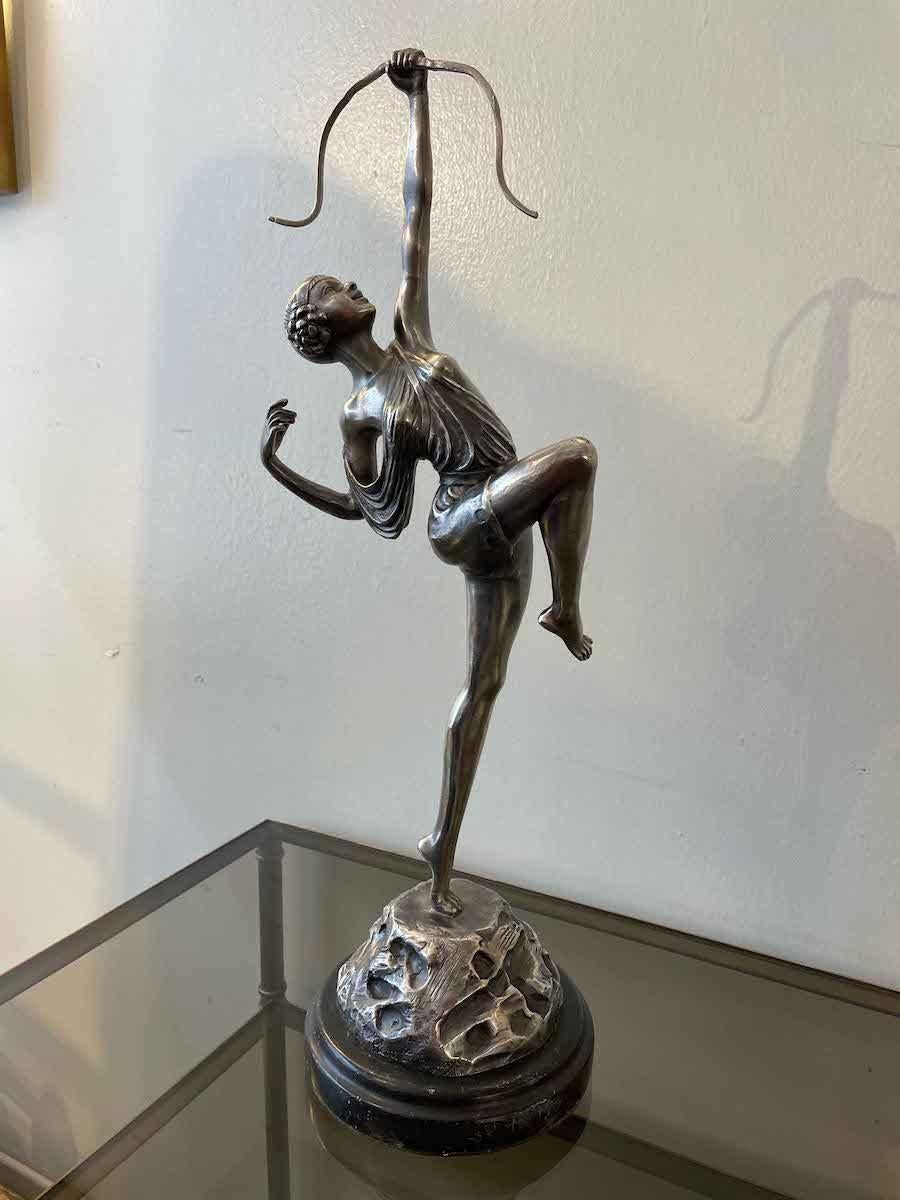 French Art Deco Bronze and Silver Sculpture of Diana the Huntress by Pierre Le Faguays For Sale