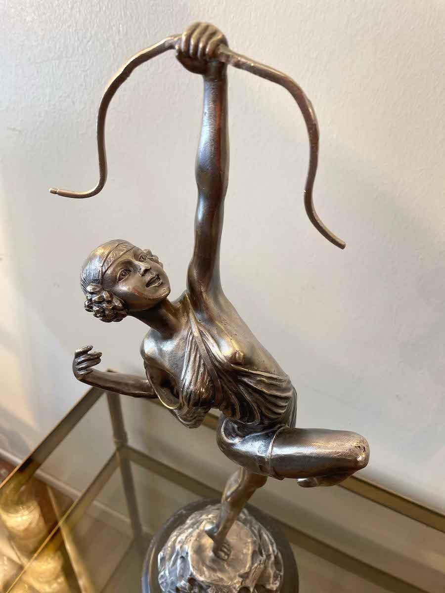 Mid-20th Century Art Deco Bronze and Silver Sculpture of Diana the Huntress by Pierre Le Faguays For Sale