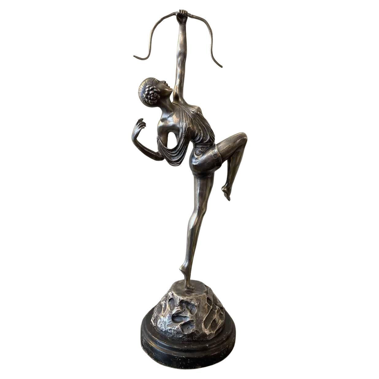 Art Deco Bronze and Silver Sculpture of Diana the Huntress by Pierre Le Faguays For Sale