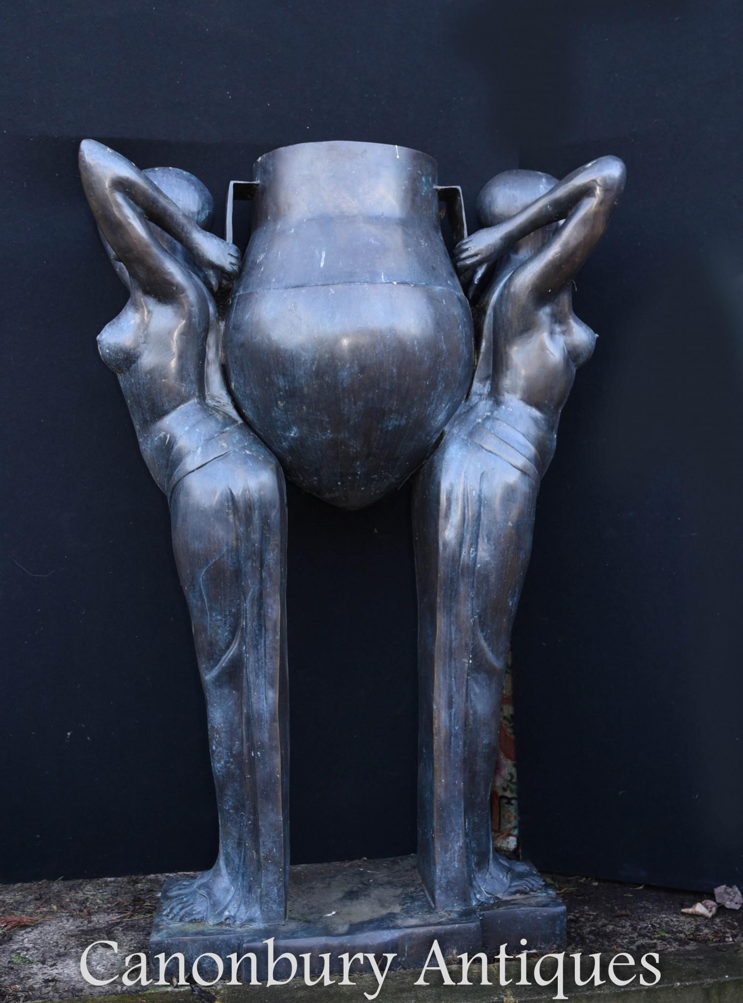 Late 20th Century Art Deco Bronze Biba Figurine Jardinere Planter Statue For Sale