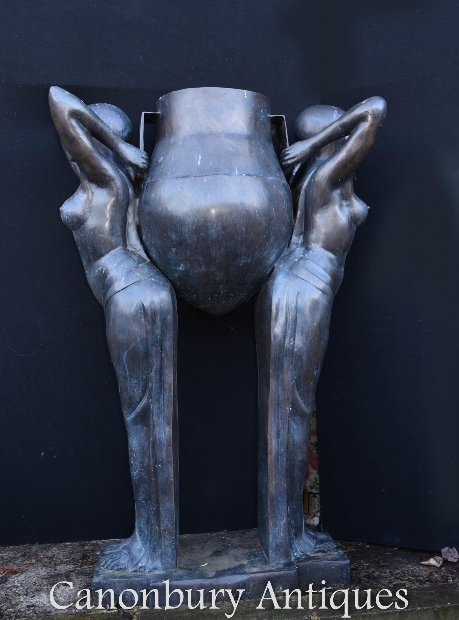 Late 20th Century Art Deco Bronze Biba Figurine Jardinere Planter Statue