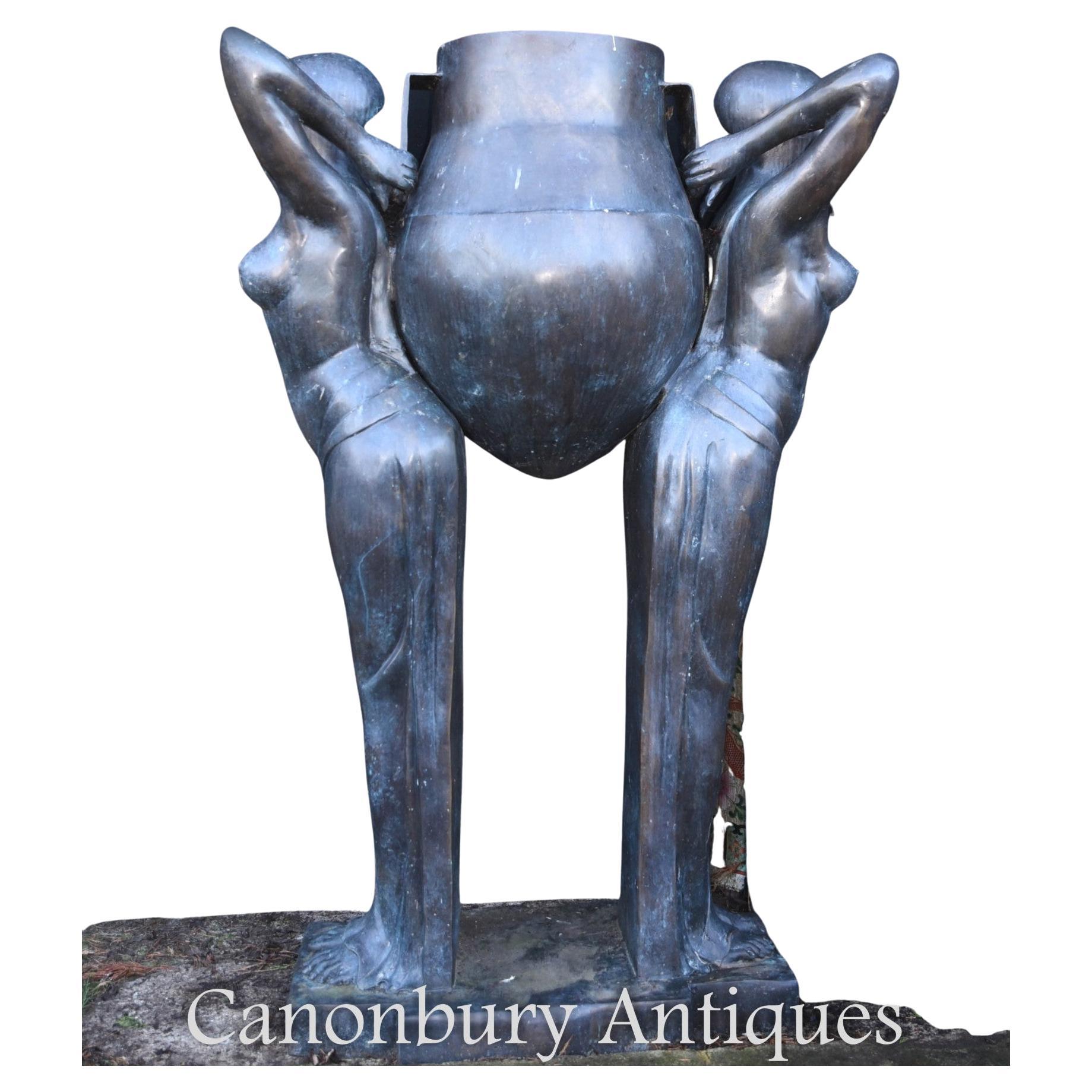 Art Deco Bronze Biba Figurine Jardinere Planter Statue For Sale