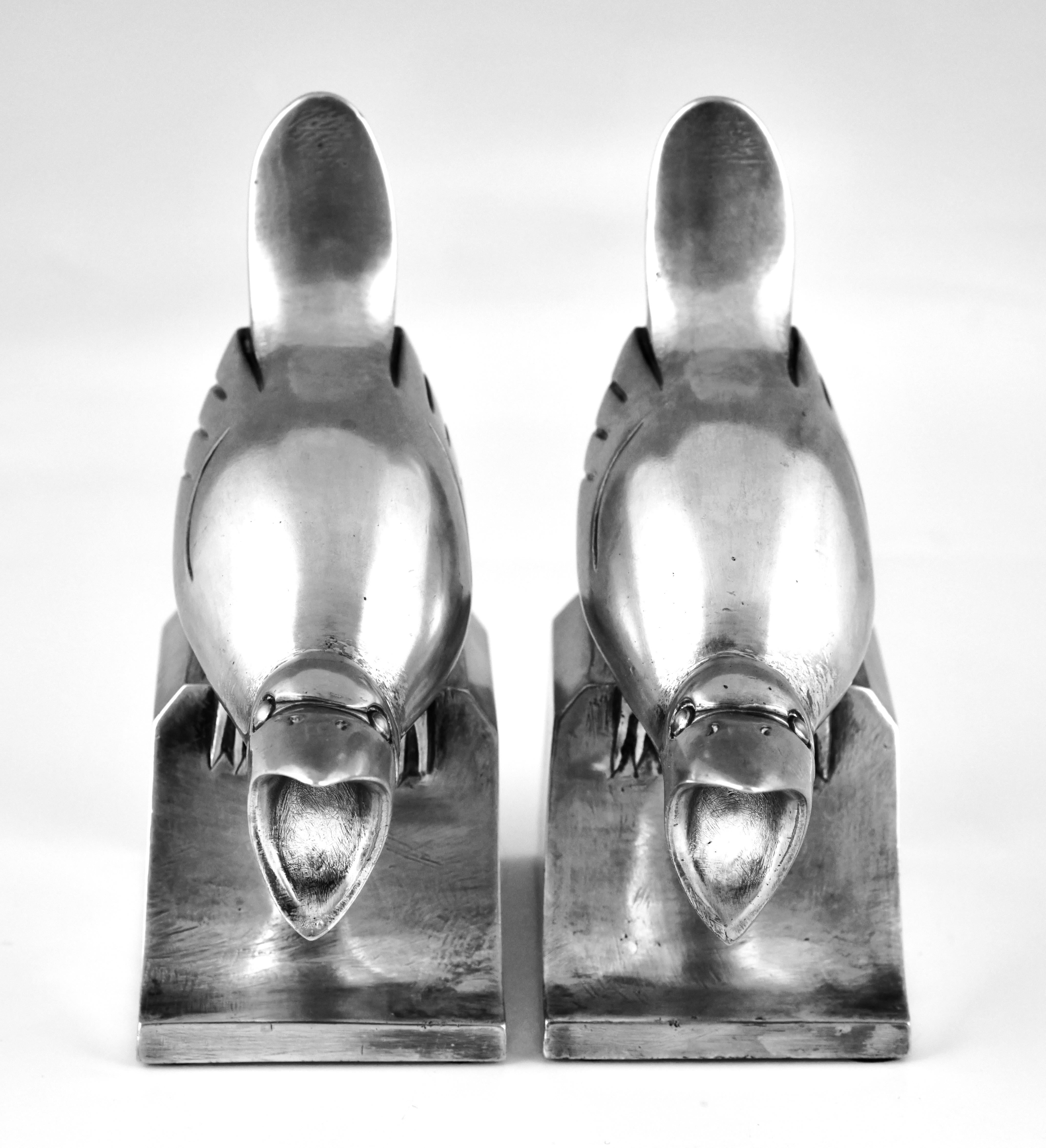 Silvered Art Deco Bronze Bird Bookends Signed by C. Omin, Marcel Guillemard Foundry For Sale