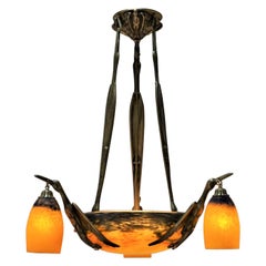 Art Deco Bronze Birds Art Glass Chandelier