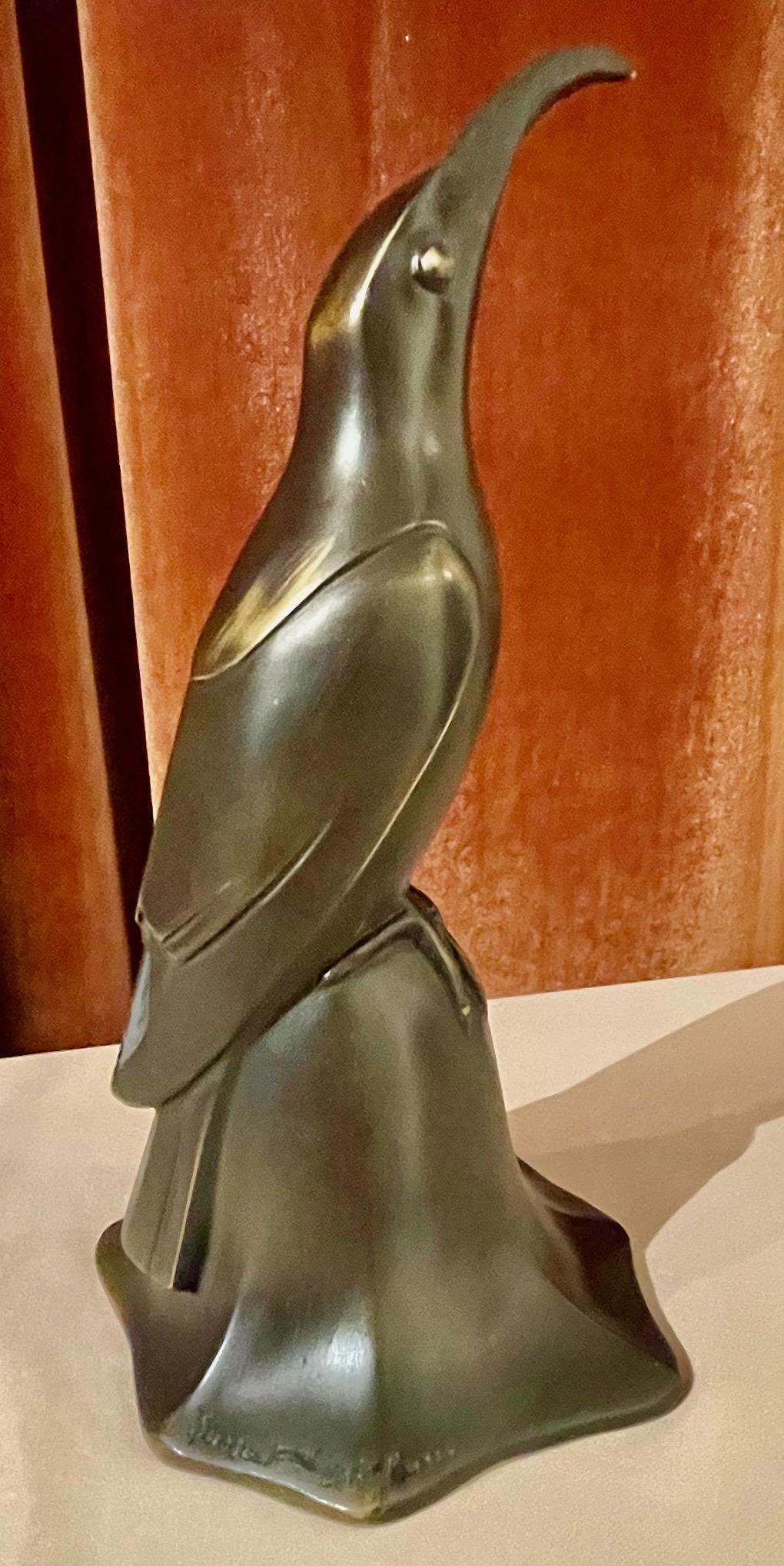 Art Deco Bronze Blue Bird Bell Sculpture by Edouard Marcel Sandoz Cubist, French For Sale 5