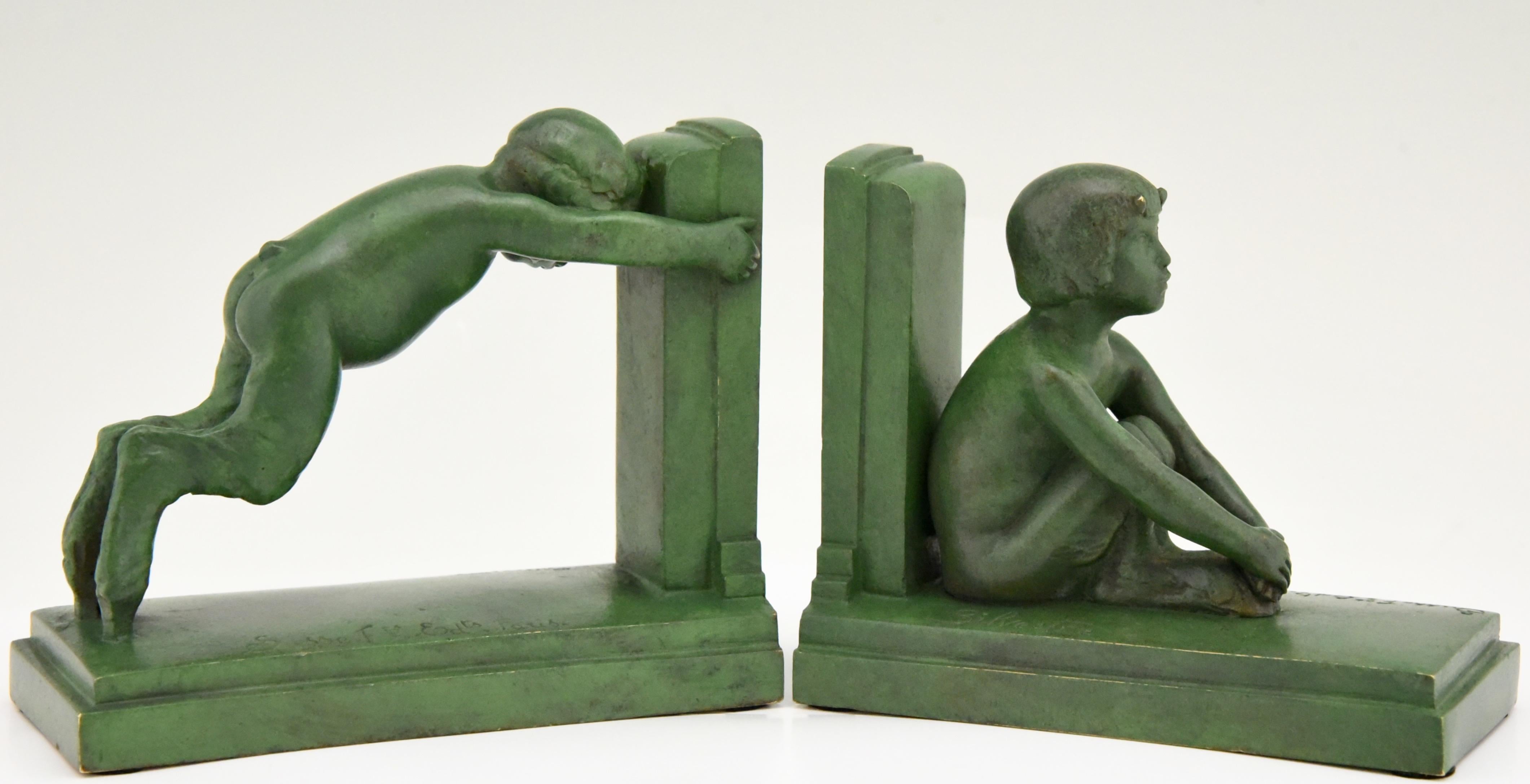 French Art Deco Bronze Bookends Boy and Girl Satyr Paul Silvestre, France, 1920