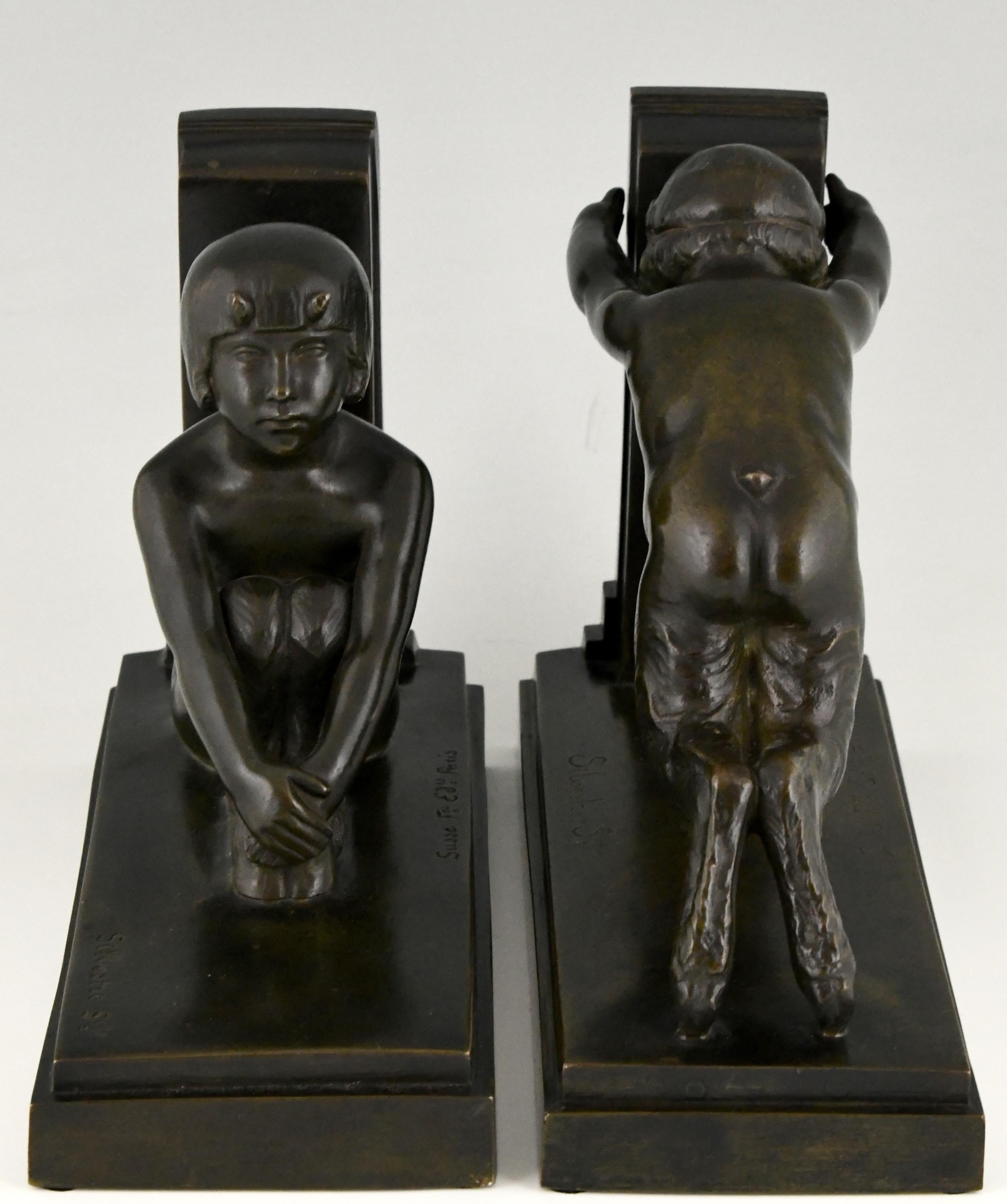 French Art Deco Bronze Bookends Boy and Girl Satyr Paul Silvestre, France, 1920
