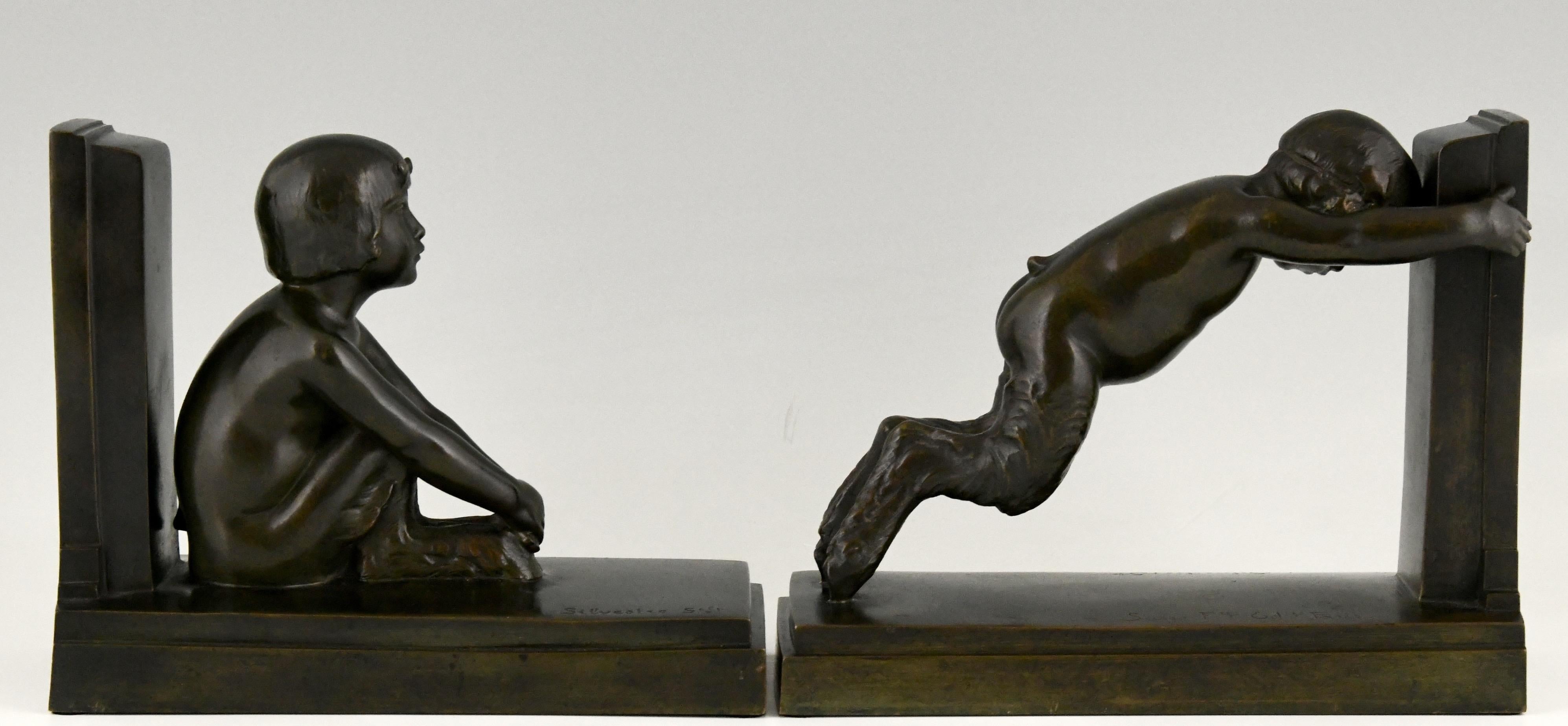 Patinated Art Deco Bronze Bookends Boy and Girl Satyr Paul Silvestre, France, 1920