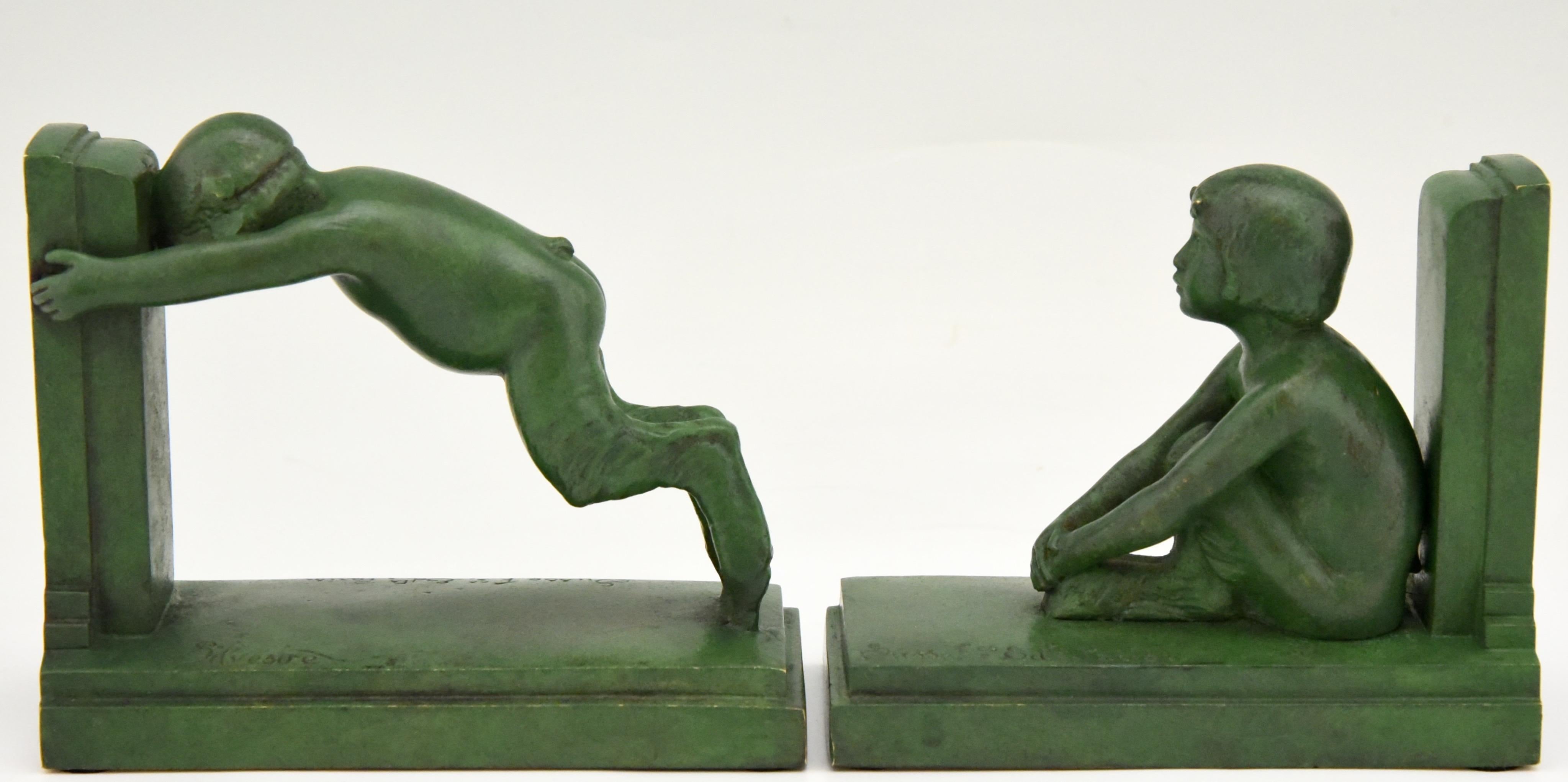 Art Deco Bronze Bookends Boy and Girl Satyr Paul Silvestre, France, 1920 In Good Condition In Antwerp, BE