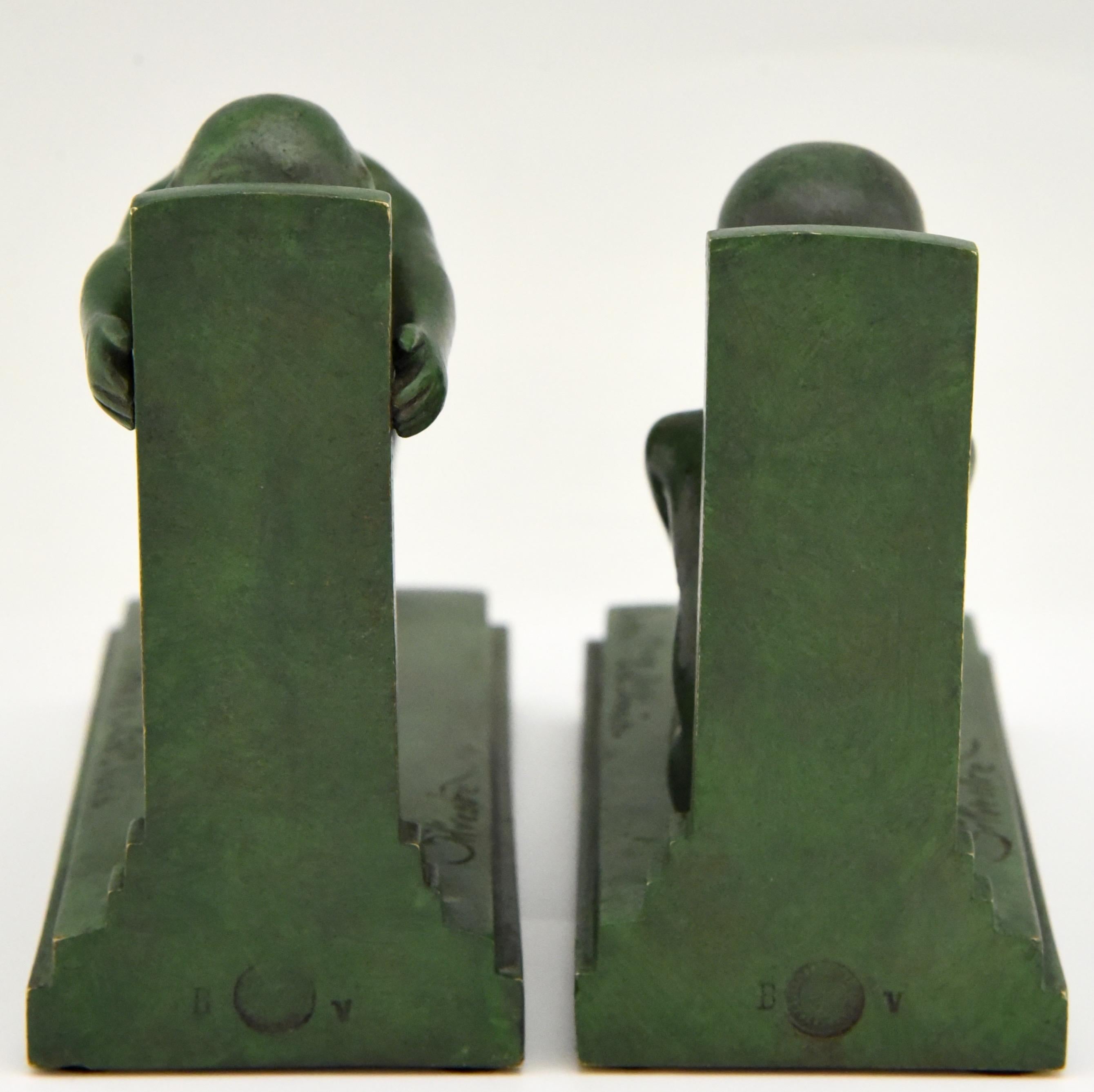 Early 20th Century Art Deco Bronze Bookends Boy and Girl Satyr Paul Silvestre, France, 1920
